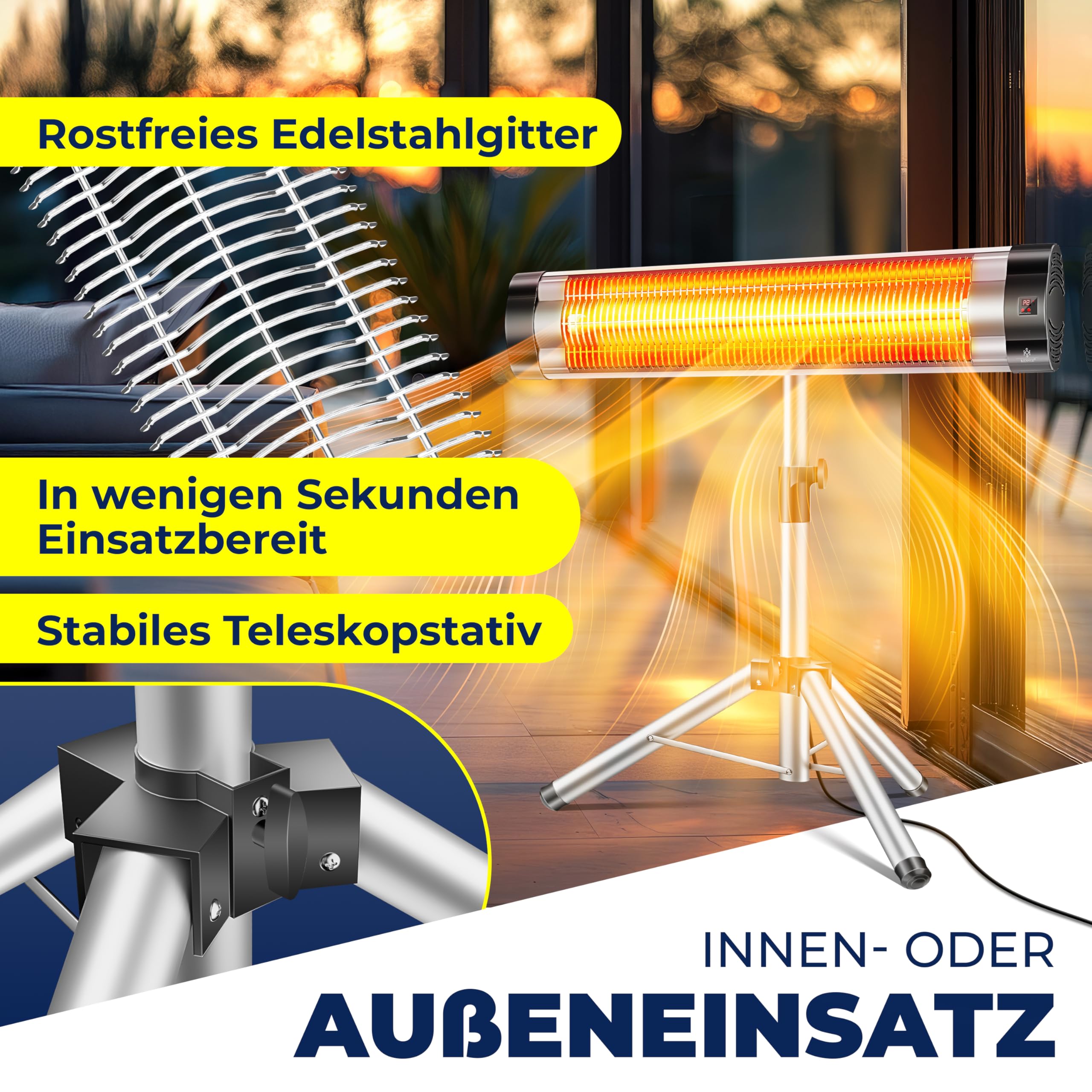 Kesser Calefactor Infrarrojos Exterior 2500W - Trípode Ajustable, Mando A Distancia, IP34