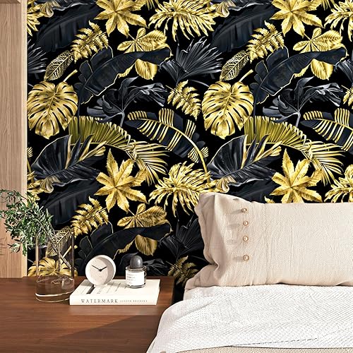 Miniatura 2 de FunStick Papel tapiz de hojas de palmera tropicales de 17.5 x 354 pulgadas, papel tapiz autoadhesivo con hojas negras y doradas, papel de contacto