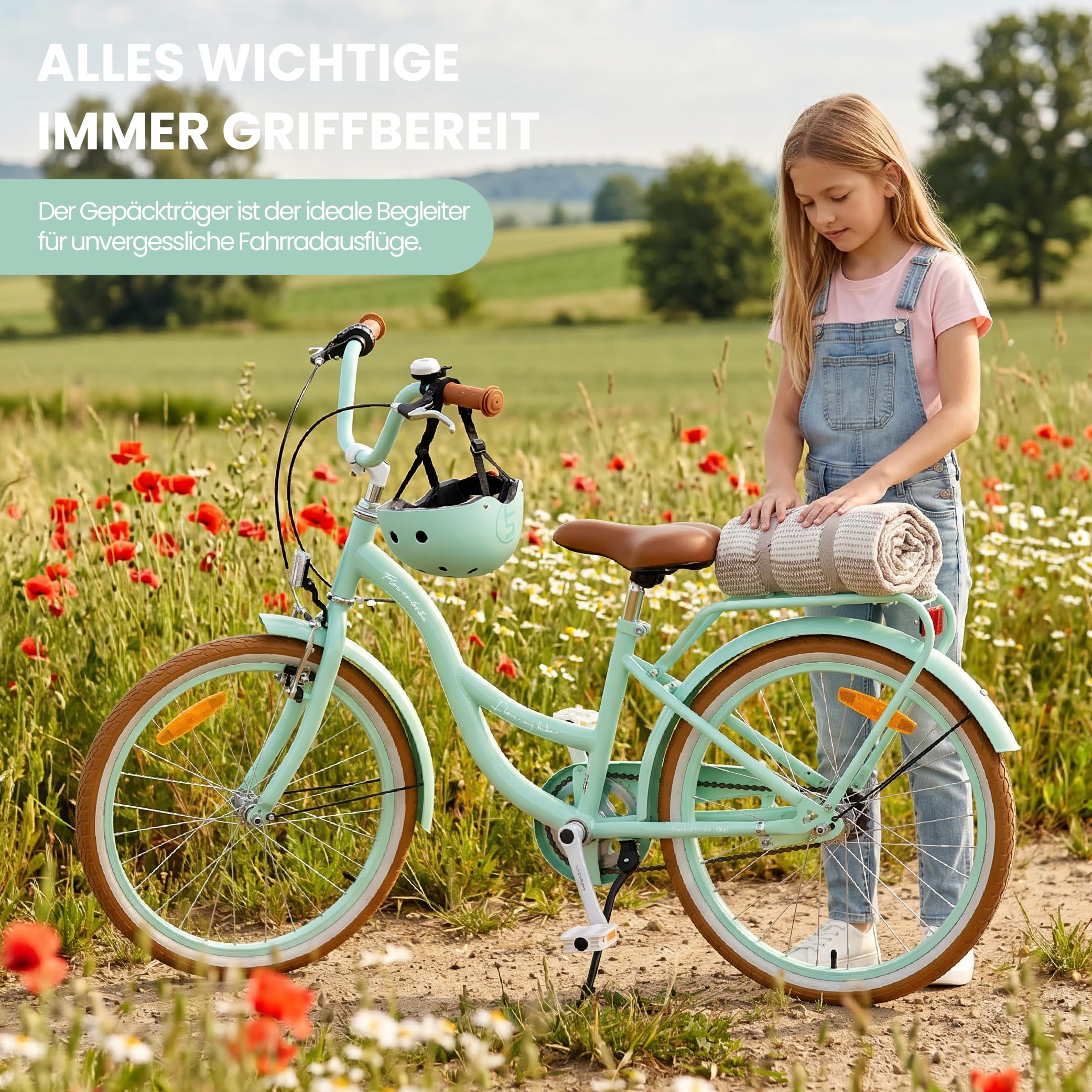sun baby Flower Bike Retro Mädchenfahrrad - Kinderfahrrad mit Stahlrahmen, V-Bremsen, Schutzbleche, Kettenschutz, Scheinwerfer, Klingel, höhenverstellbar
