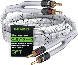 GearIT 10AWG Speaker Cable Wire with Gold-Plated Banana Tip Plugs (6 Feet) in-Wall CL2 Rated, Heavy Duty Braided, 99.9% Oxygen-Free Copper (OFC) - White, 6ft