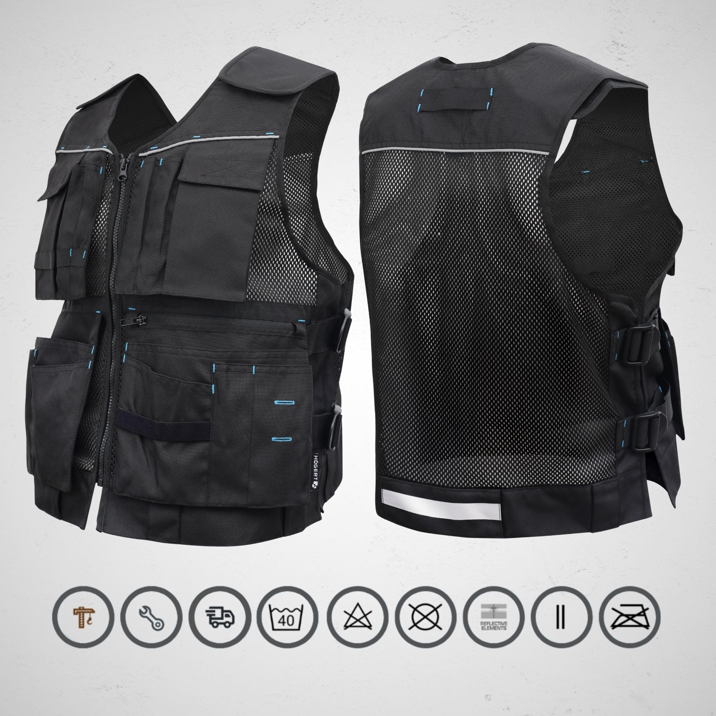 Högert Technik - Helwig - Chaleco de trabajo para hombre, color negro liso, tejido 100% poliéster Oxford 600D, chaleco de trabajo, chaleco de trabajo para hombre con muchos bolsillos, chaleco de