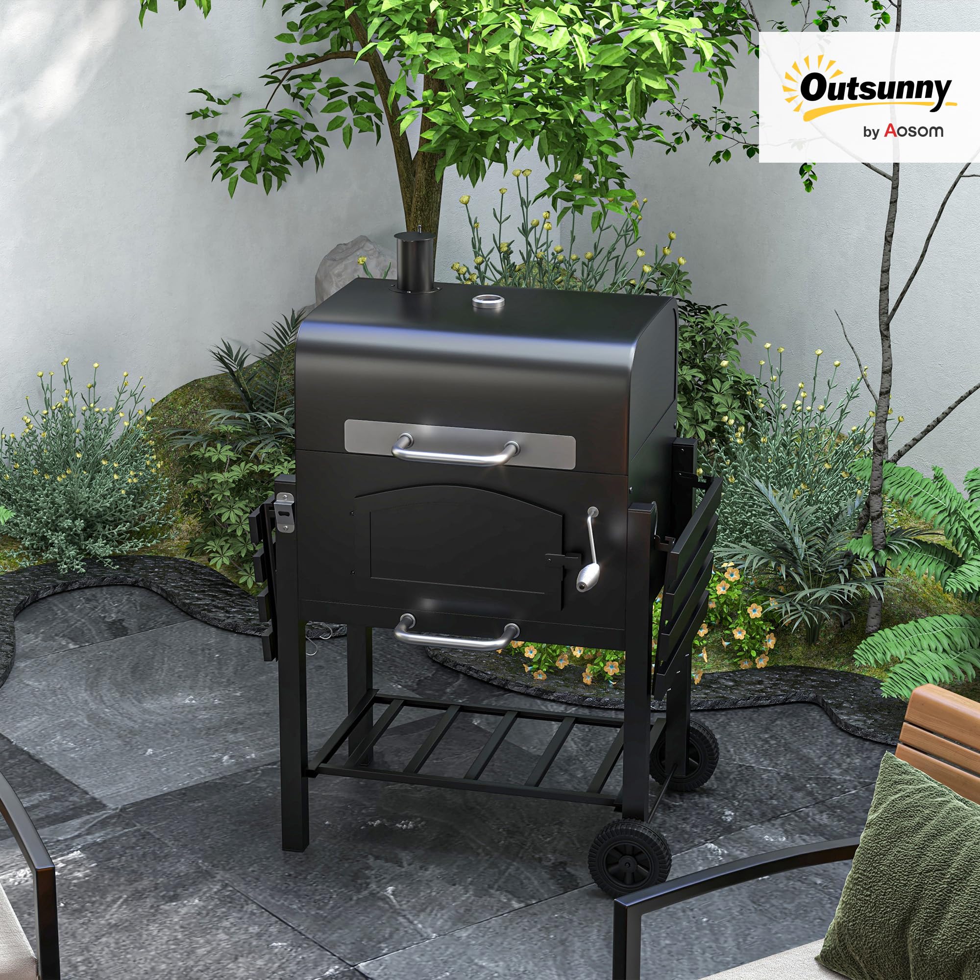Outsunny Barbacoa de carbón vegetal con tapa y estantes, parrilla de pie con estantes para ahumar, placa de calentamiento, ruedas de transporte para fiestas en el jardín, metal, 124 x 66 x 112 cm