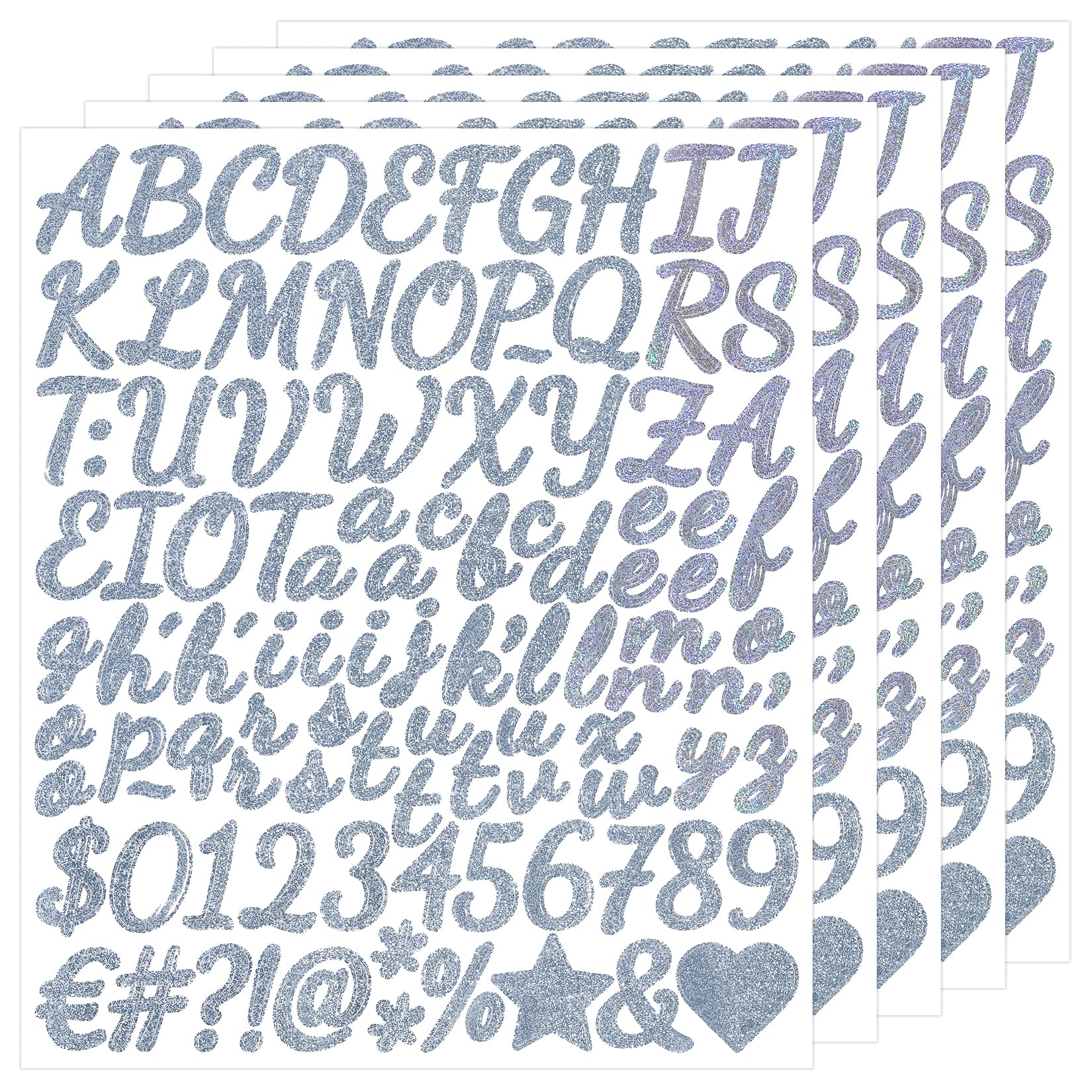 1 Inch Glitter Letter Sticker - Self Adhesive Alphabet Number Stickers for Christmas,Scrapbook & DIY - 5 Sheets Shimmering Silver