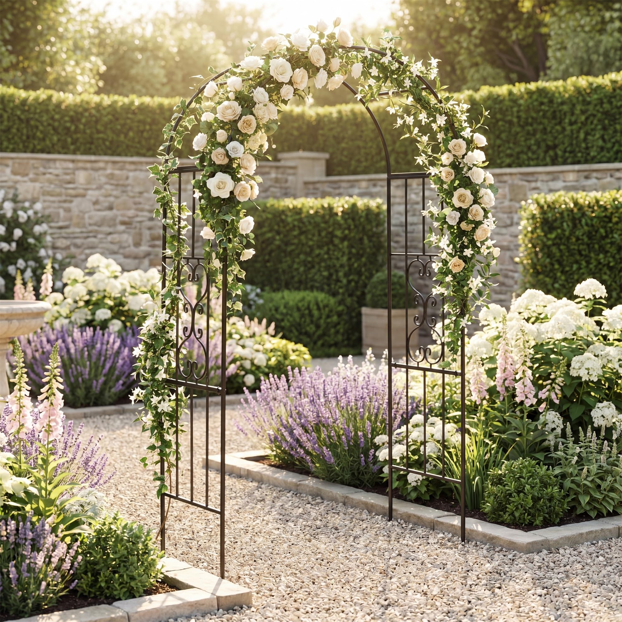 GYMAX Arche de Jardin en Métal, Treillis à Rosiers Extérieure | 117 x 57 x 231 cm, Sommet Arrond, Motifs Décoratifs, Support pour Plantes Grimpantes, Déco pour Pelouse Allée Mariage Fête