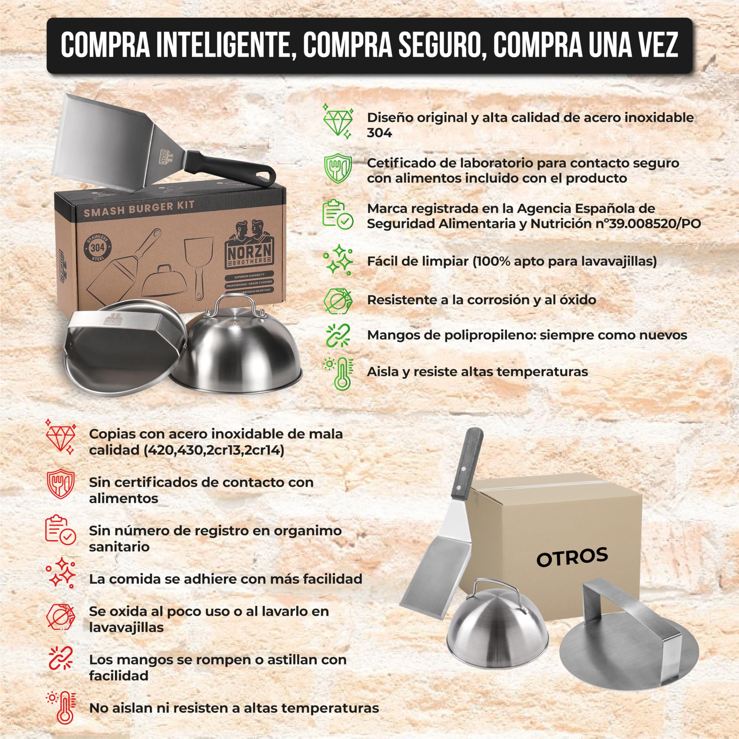 Kit Smash Burger – Incluye Smasher o Aplastador de Hamburguesa, Espátula para Plancha y Campana para Barbacoa - Fabricado Acero INOX. 304 Certif. Contanto Alimentos, Garantía 10 Años