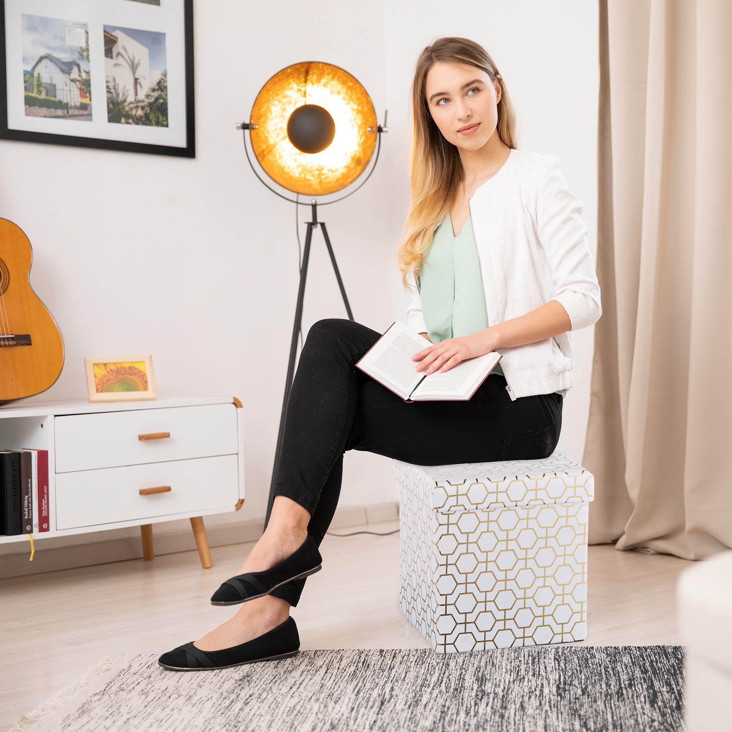 Relaxdays Pouf Pieghevole, Sgabello Imbottito con Coperchio, Motivi Geometrici, Spazioso, HLP: 38x38x38 cm, Bianco-Oro