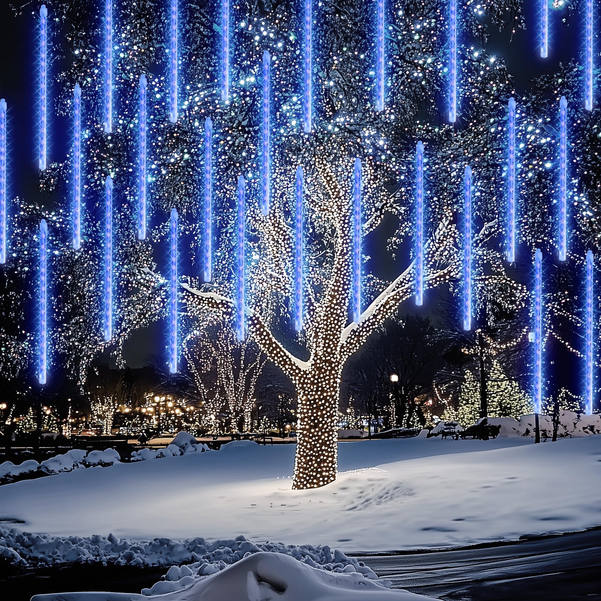 FUNPENY Meteor Shower Rain Lights, 864 LED Christmas Lights Icicle Snow Falling Christmas Lights Outdoor Raindrop Lights, 30cm 24 Tubes Xmas Tree Holiday Decoration (Blue)