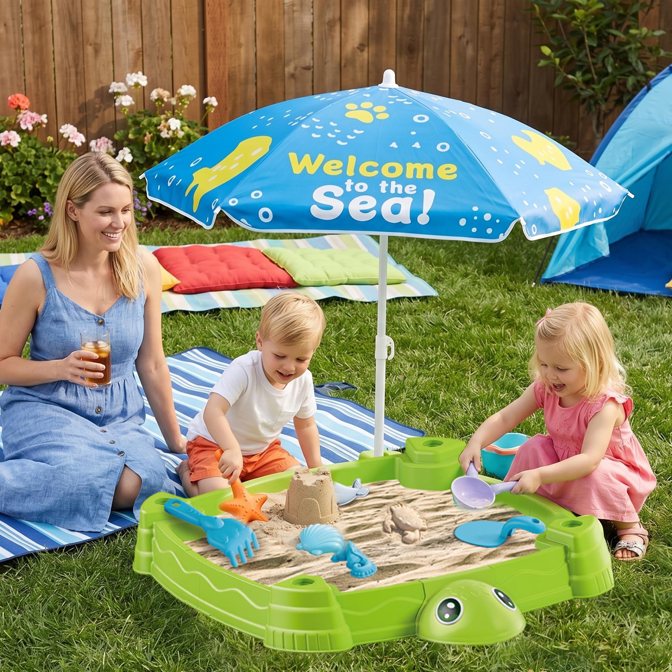 Wassertisch mit Regenschirm, Wasser- und Sandtisch in Schildkrötenform, Sandkasten zum Spielen im Freien mit Deckel für Kleinkinder