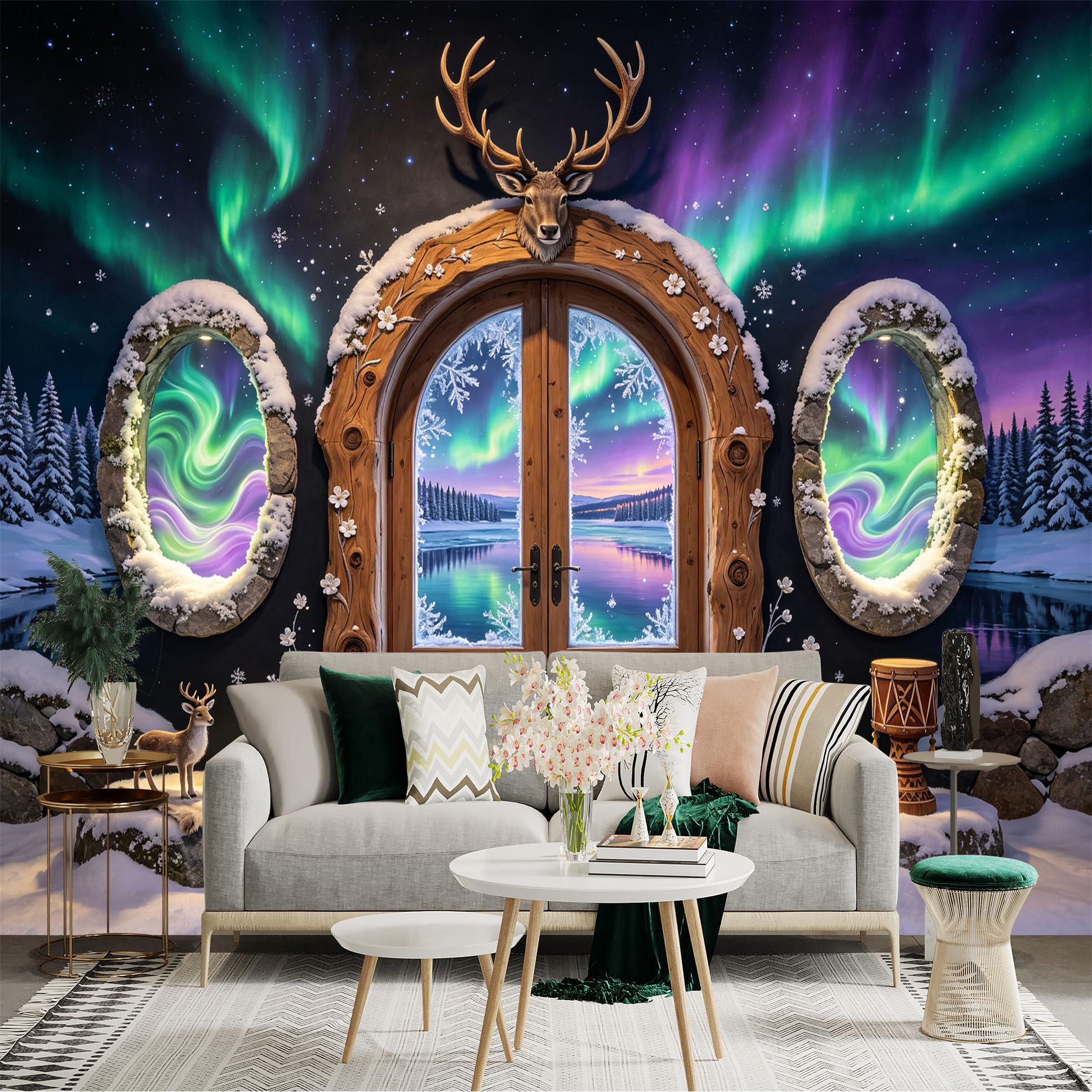 Custom Size Wall Sticker Mural， Aurora Borealis Winter Cabin with Deer and Snowy Lake， for wall Decoration， peelandstick wall Decals.