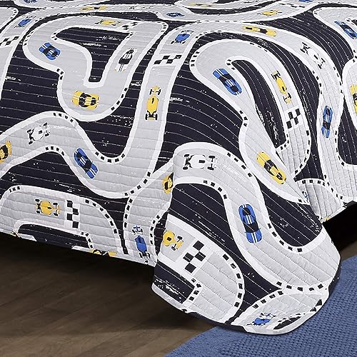 Miniatura 3 de Lush Decor Car Tracks Quilt - Juego de ropa de cama reversible de 2 piezas para niños, tamaño individual, azul marino