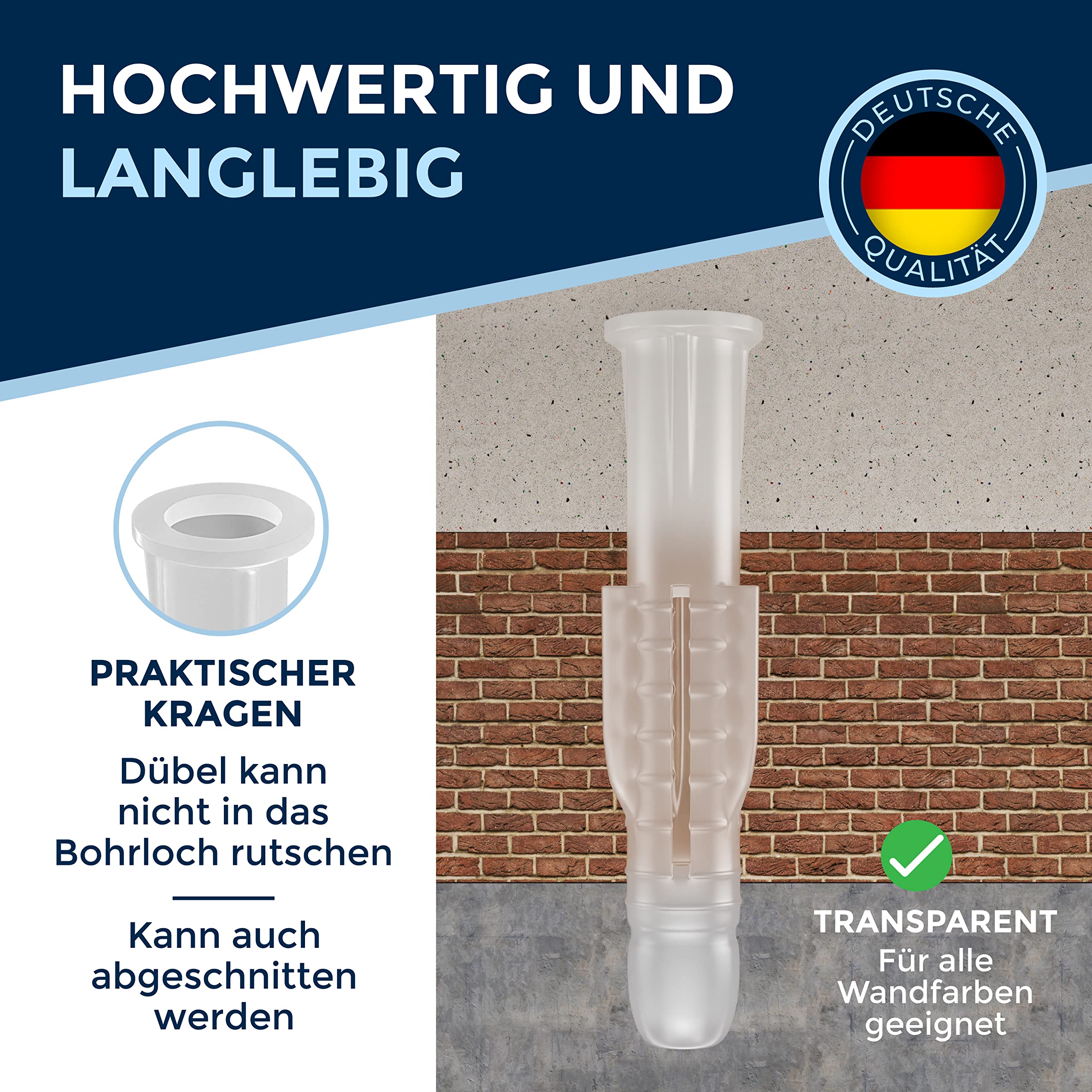 8mm Dübel Set – Universaldübel PE Kunststoff – 2000 Stück – für Beton, Gipskarton & Mauerwerk