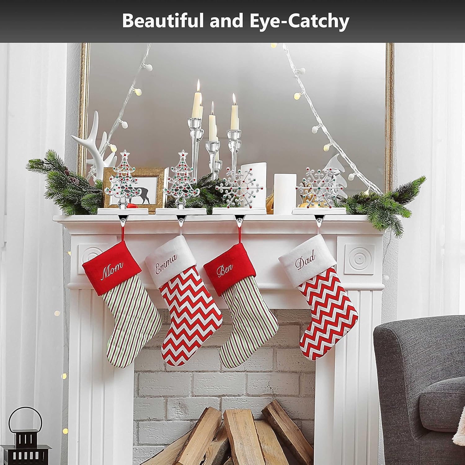 Nickel-Plated Christmas Stocking Holders 4-Pack with Snowflake & Tree Stand Colored Stones, Ideal for Fireplace & Shelf
