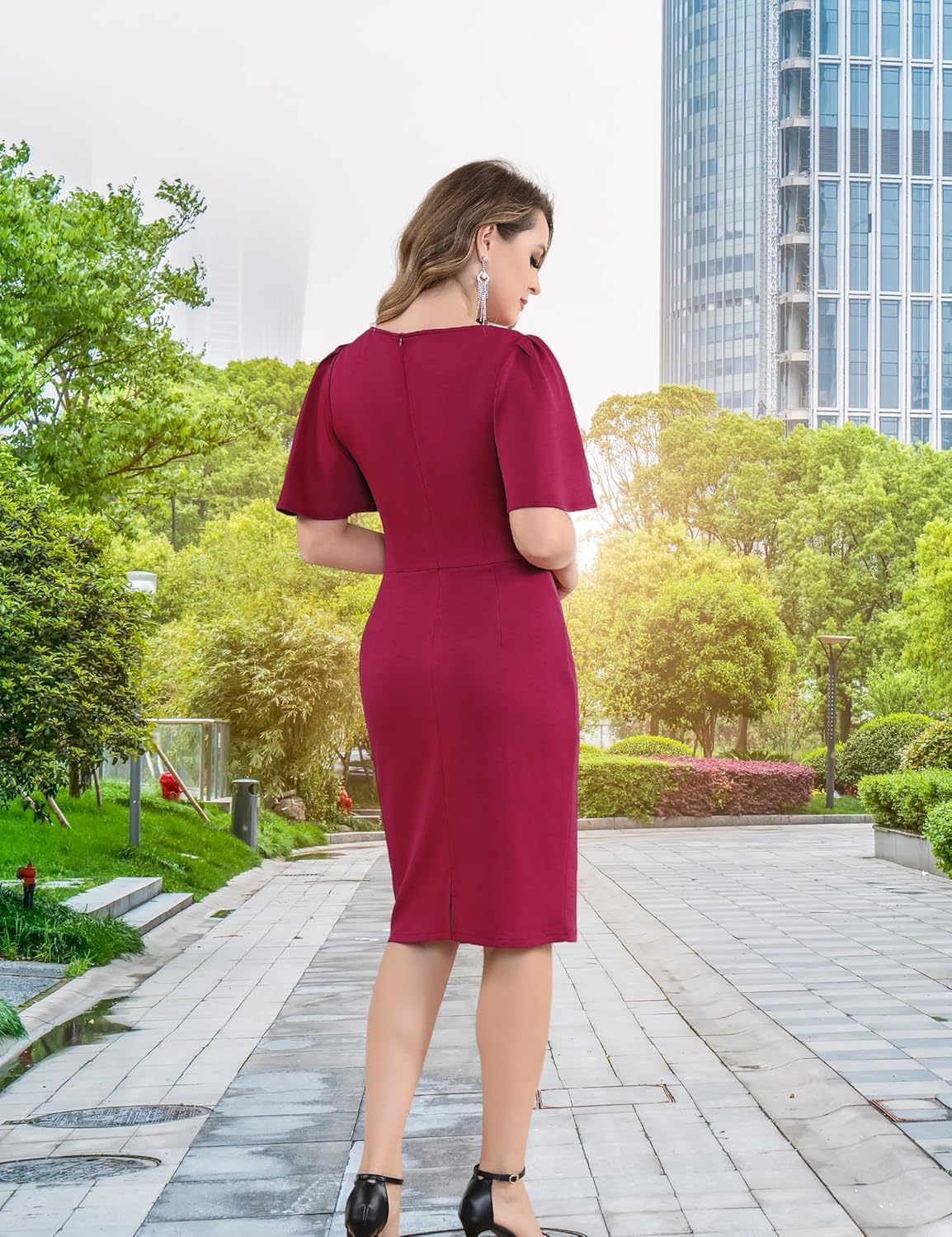 Aphratti Women's Short Sleeve Work Sheath Midi Dress Elegant Fitted Cocktail Party Church Funeral Outfit - Image 7