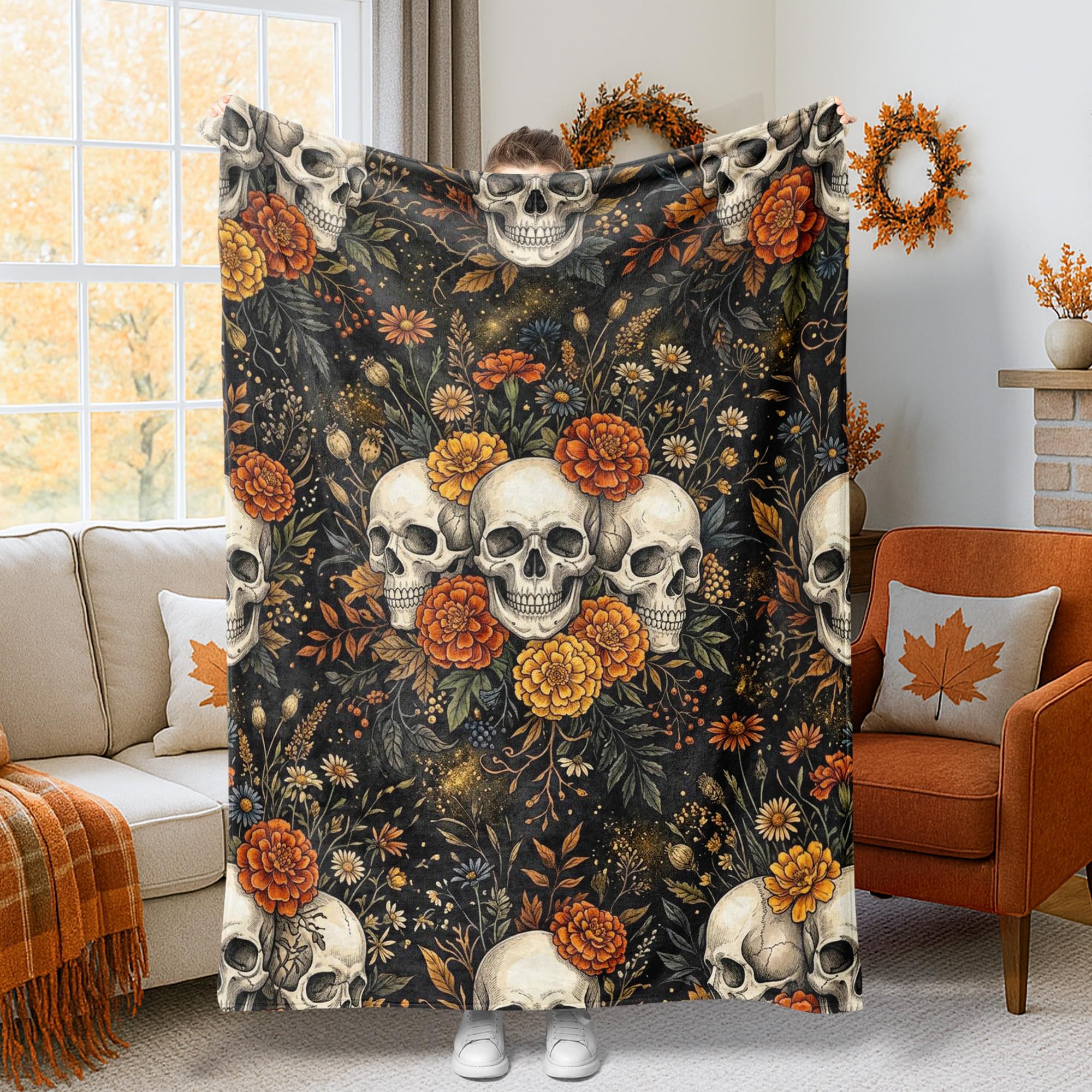Couverture flanelle gothique crâne 152x203 cm le cadeau d'Halloween idéal pour vos proches