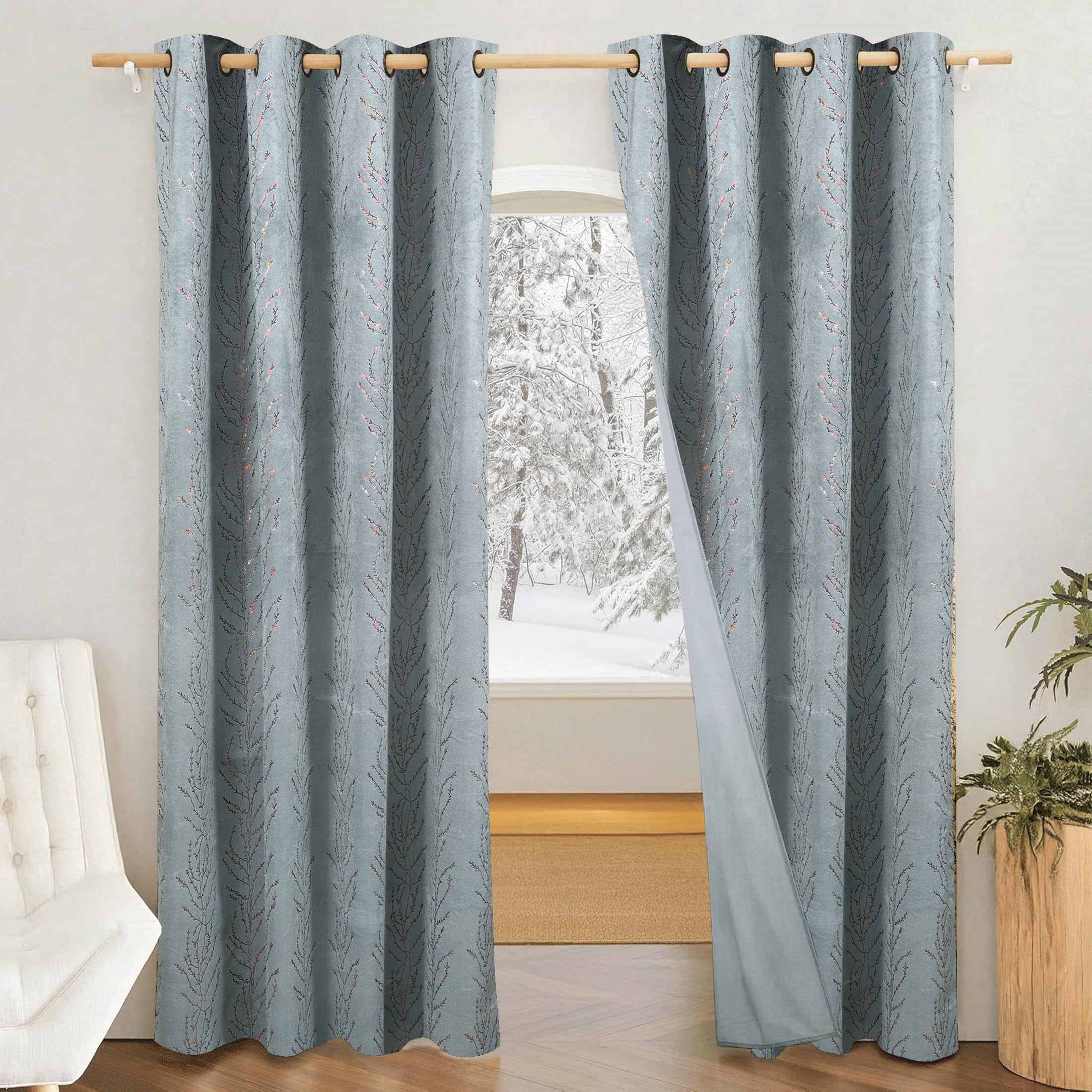 Amazon Brand - Solimo Polyester Leaf Print Velvet Foil Window Grommet Semi Sheer Curtains (Pack of 2, 5 Feet, Grey)