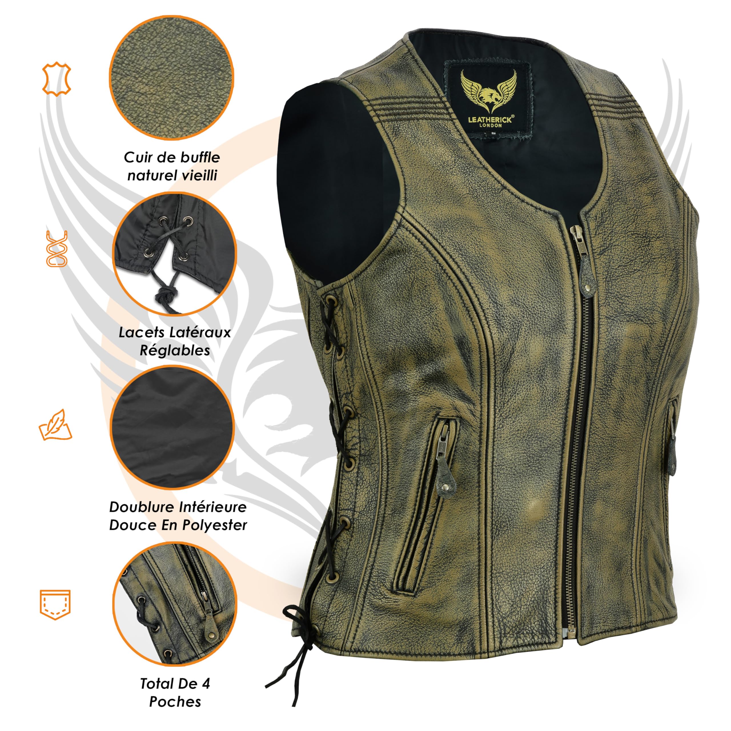 Leatherick Gilet vintage en cuir marron vieilli avec poche de transport dissimulée pour femme en cuir de buffle véritable