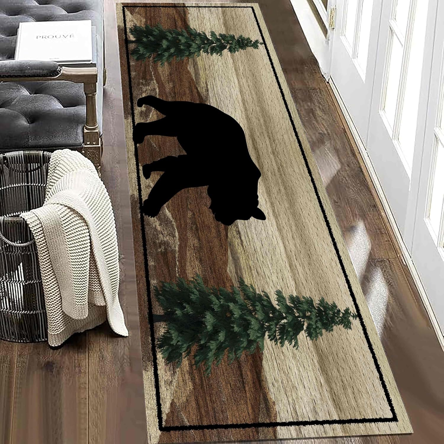 Country Bear Runner Rug,4x12ft, Vintage Brown Wood Plank Forest Animal Black Bear Hallway Rugs, Soft Breathable Low Pile Wild Animal Decorative Floor Mat, Easy Clean Washable Cabin Style Home Decor