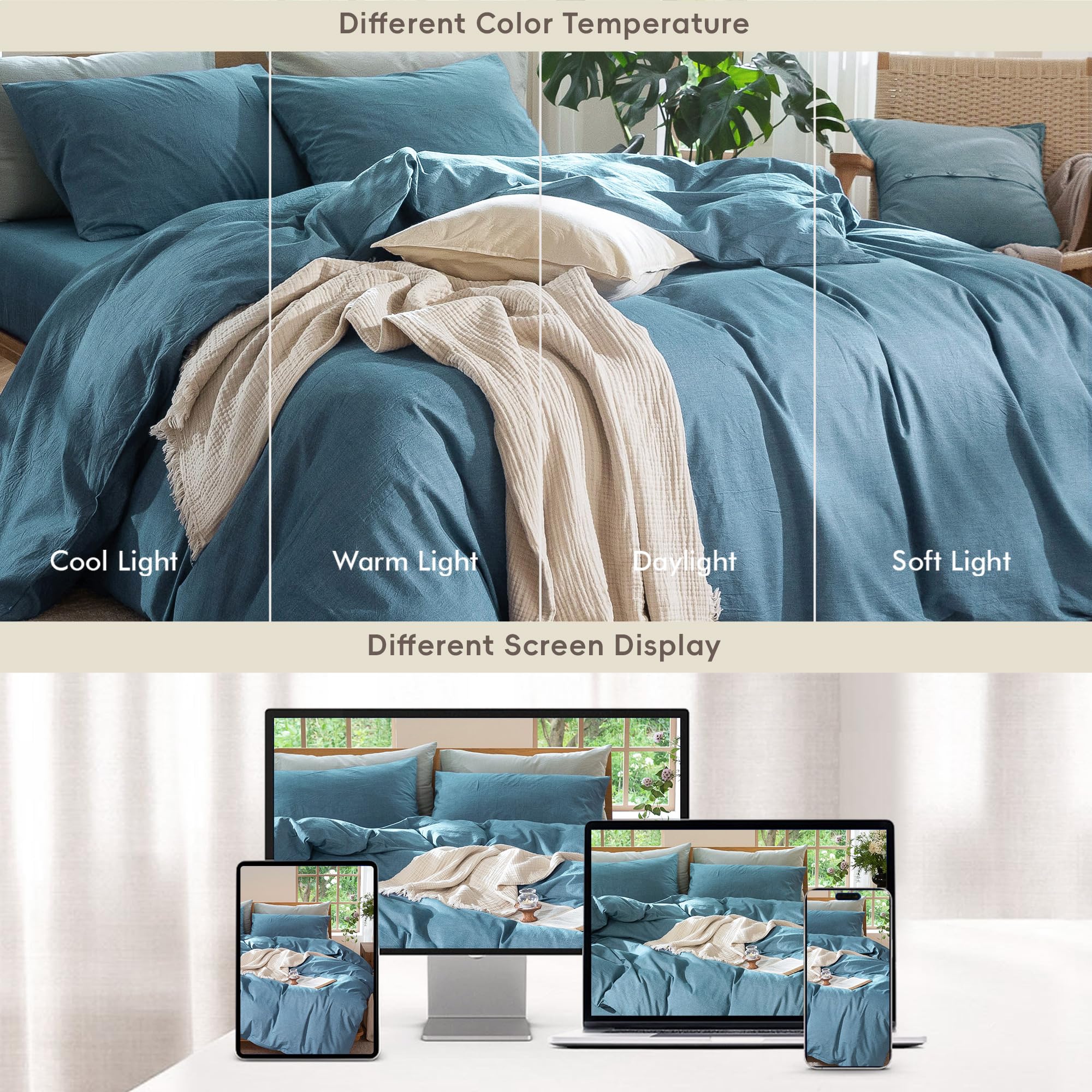 MooMee Bedding Duvet Cover Set 100% Washed Cotton Linen Like Textured Breathable Durable Soft Comfy (Tannish Linen Grey, King) — view 106