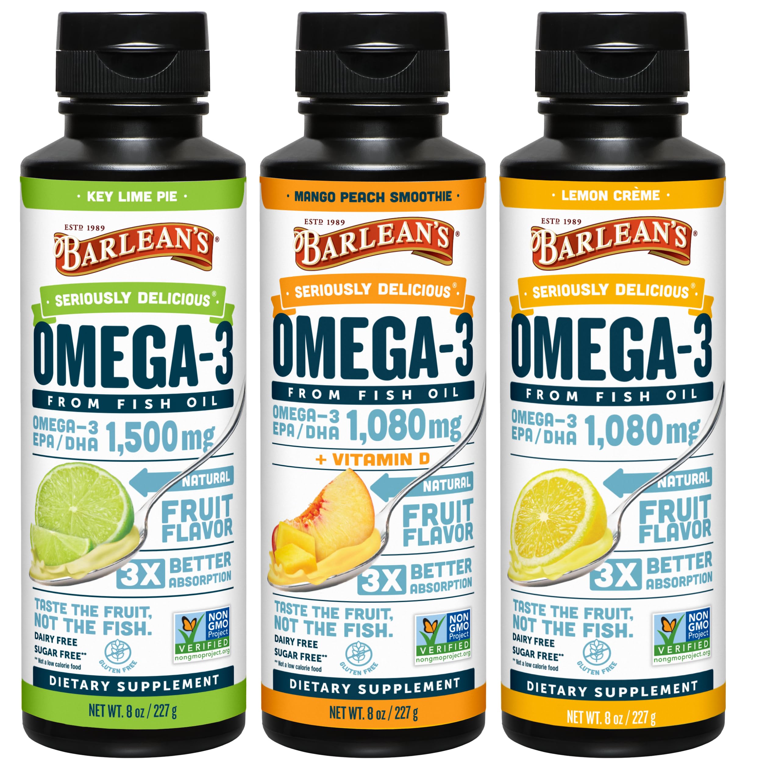 Barlean's Omega 3 Fish Oil Liquid Supplement for Men and Women, 1500mg of EPA and DHA Fatty Acid, Promotes Brain & Heart Health - Non-GMO, Variety