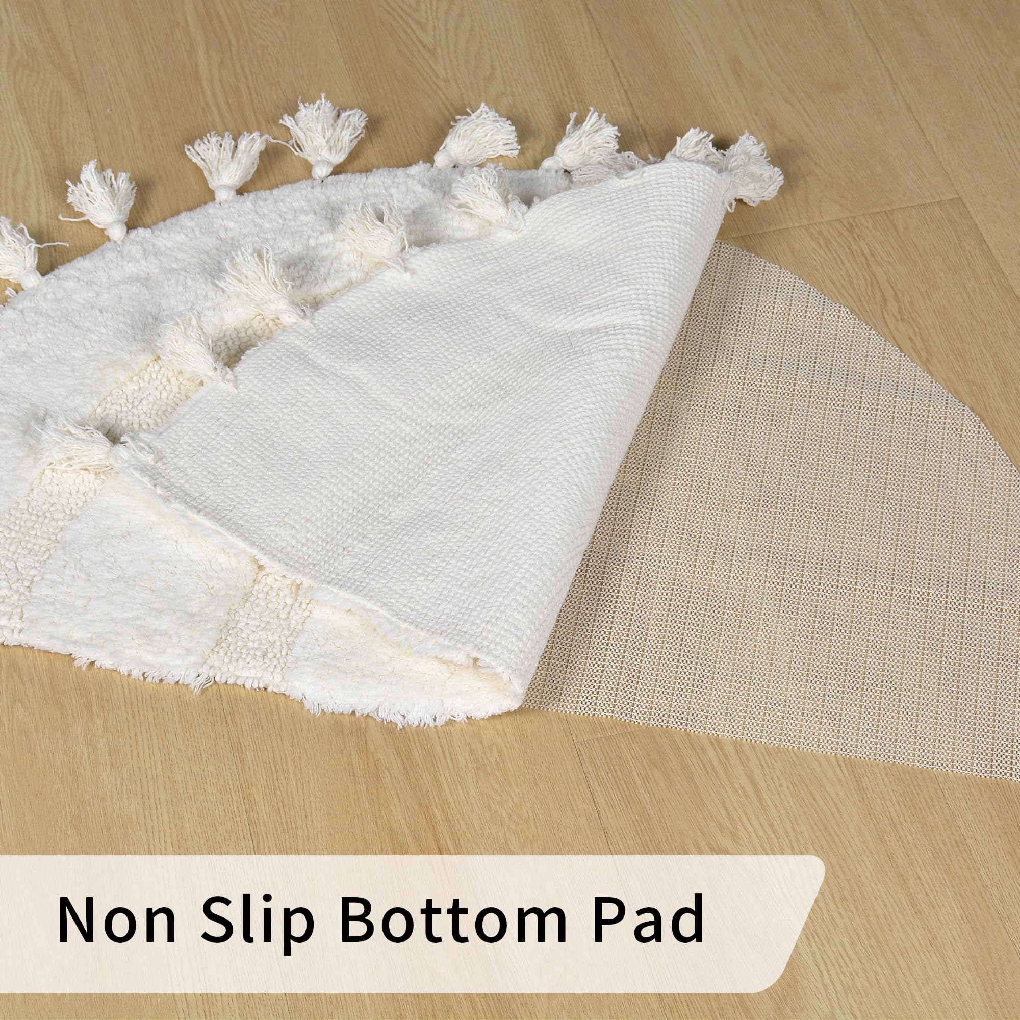 Tappeto da bagno Boho con nappe in cotone intrecciato a mano, tappetino da bagno a mezzo cerchio, tappeto da bagno lavabile in stile boho, per bagno, doccia, vasca (White)