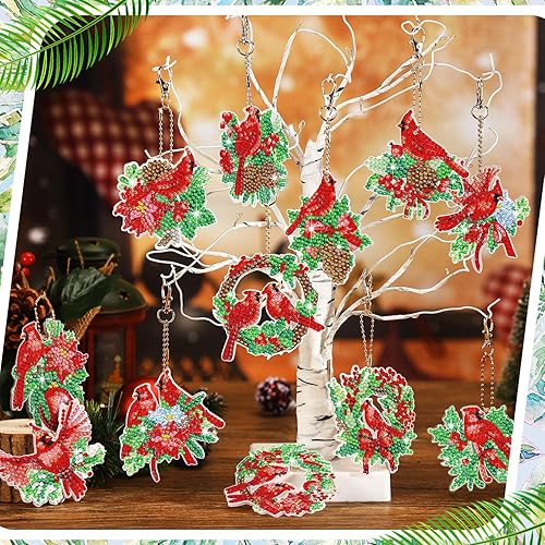 Miniatura 2 de Thinkday 12 piezas de adornos de arte de diamantes cardenales de Navidad, pájaros rojos, pintura de diamantes, decoración de Navidad, bricolaje 5D,