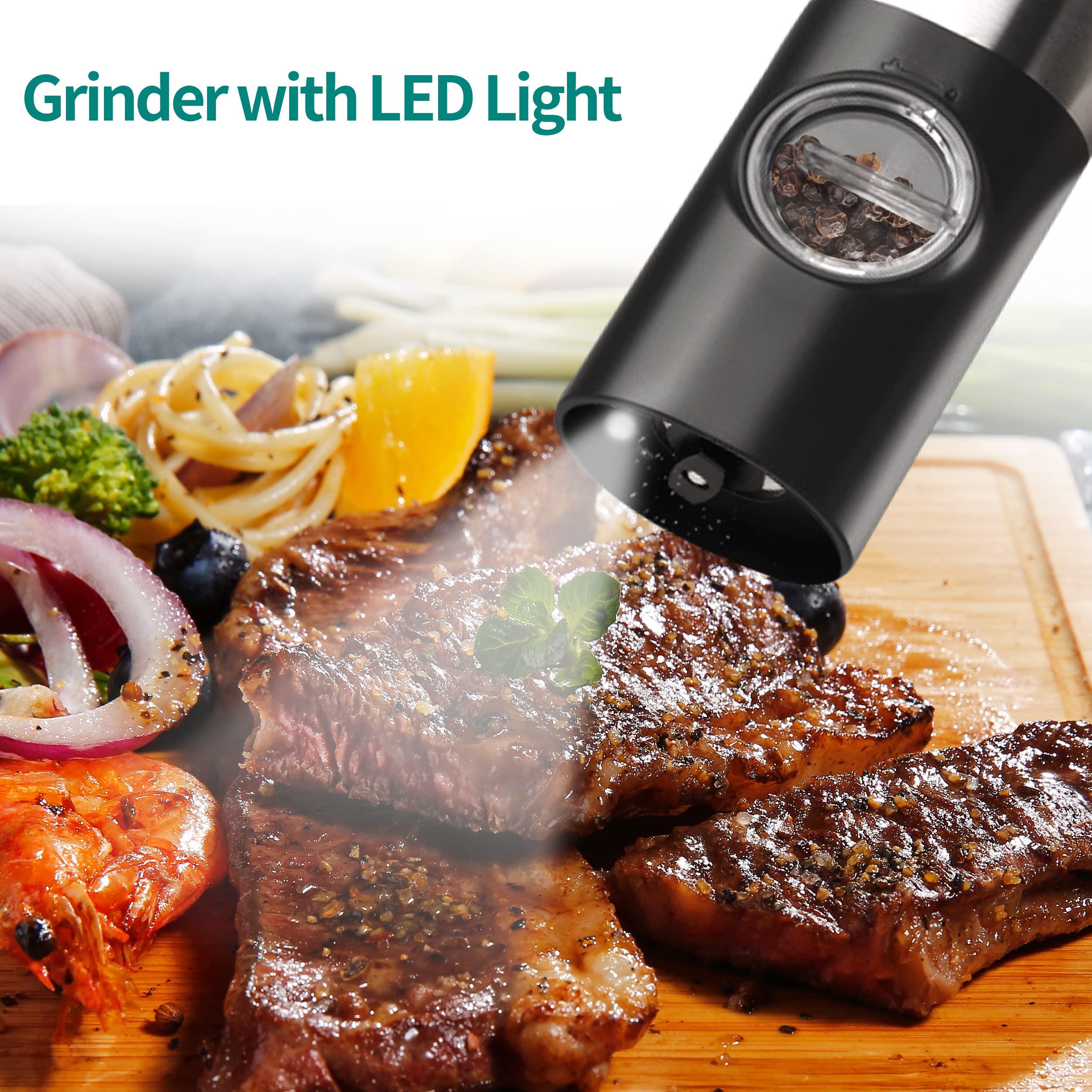 Salz und Pfeffer Mühle Elektrisch 2er Set aus Edelstahl mit einstellbarem Keramik-Mahlwerk, Gewürzmühlenset Automatisch mit Wiederaufladbarer Basis LED-Licht Reinigungspinsel (Schwarz-2 Stück)