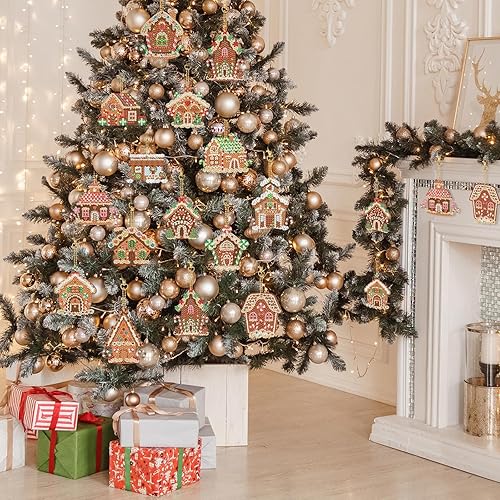 Miniatura 6 de Estune 28 llaveros de Navidad con pintura de diamante de casa de jengibre de doble cara, llaveros de diamantes de Navidad para bricolaje, adornos