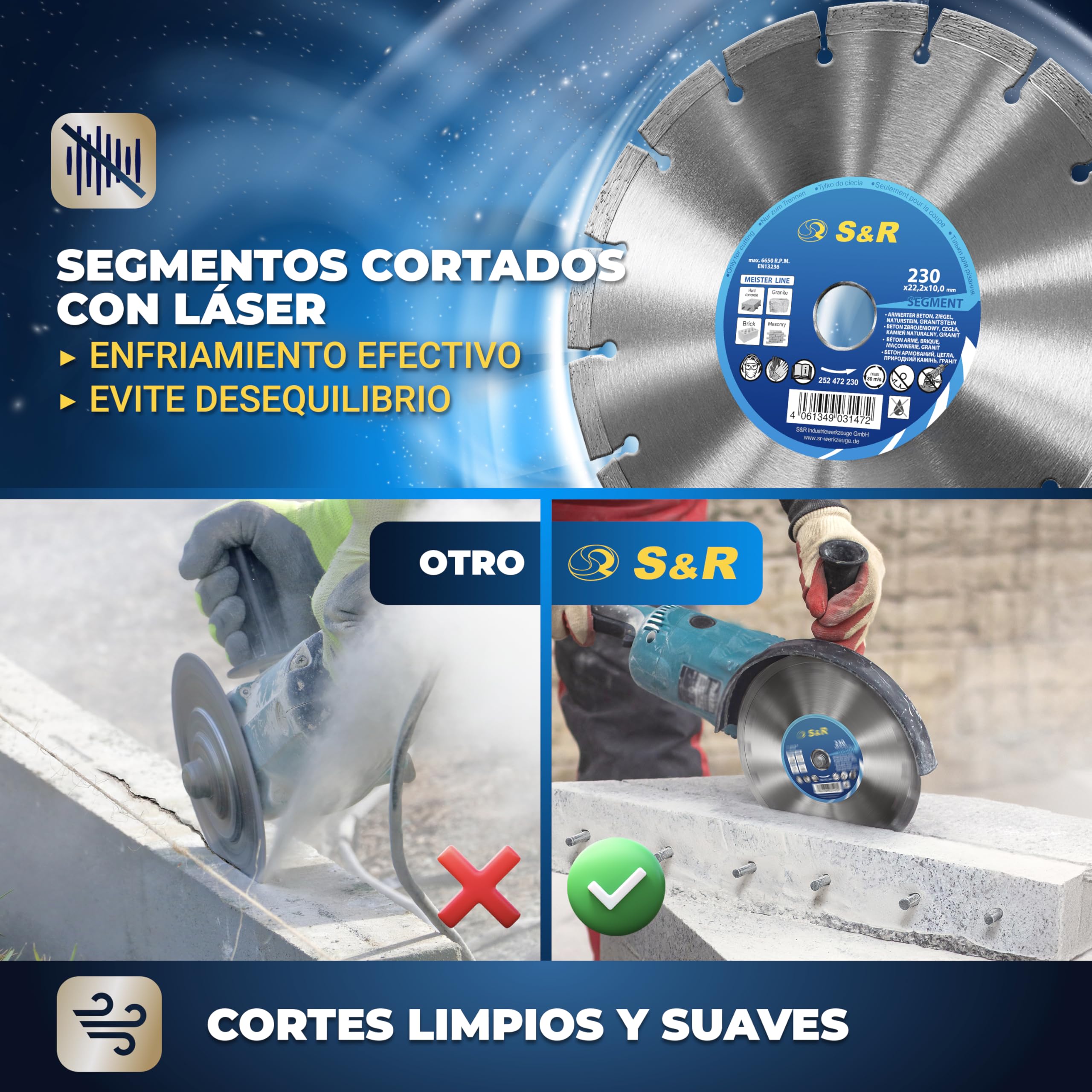 S&R Disco corte de Diamante 230 x 22,2 x 10 2,6 mm para Hormigón, Hormigón armado, Granito, Piedra natural, Ladrillo