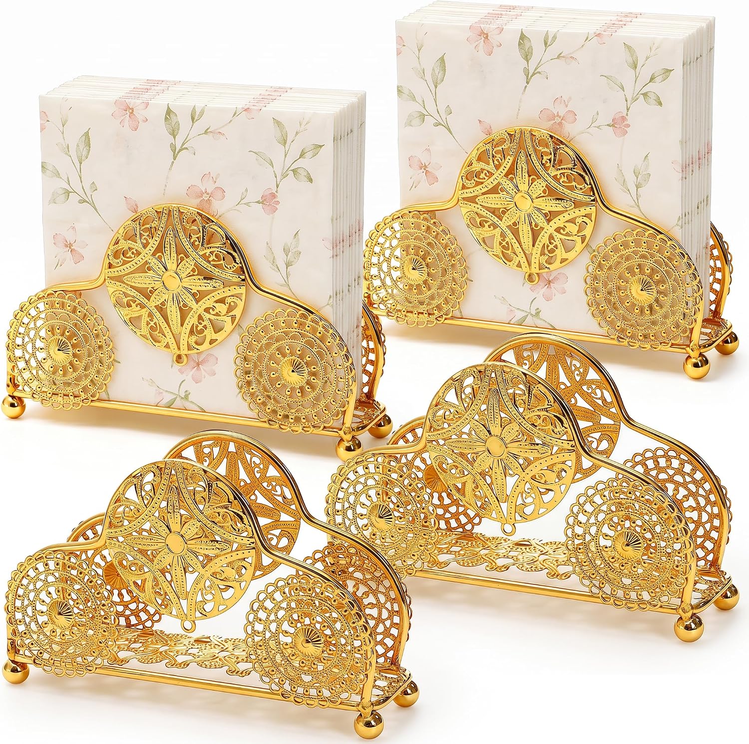 4 Pcs Gold Napkin Holder For Tables, Vintage Metal Standing Napkin Dispenser for Paper Napkins, Cute Tissue Rack for Kitchen Countertops Dining Decor