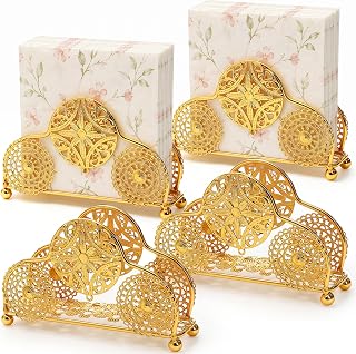4 Pcs Gold Napkin Holder For Tables, Vintage Metal Standing Napkin Dispenser for Paper Napkins, Cute Tissue Rack for Kitchen Countertops Dining Decor