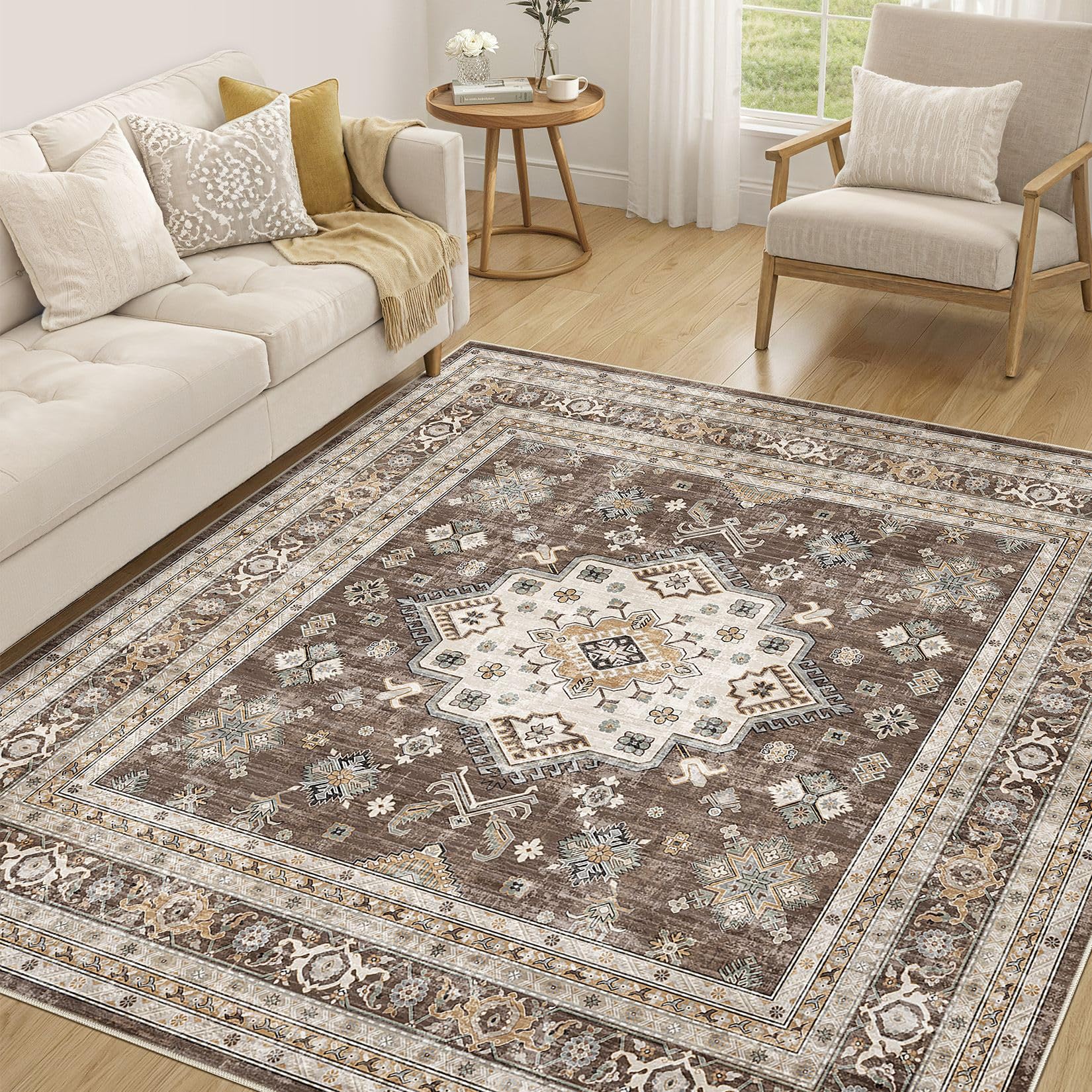 cotiled 6x6 Area Rug for Living Room, Washable, Traditional, Dark Brown โ image 1