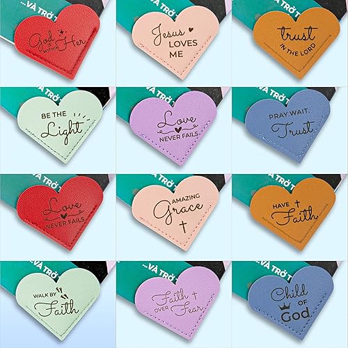 Miniatura 4 de Marcapáginas de cuero con versículos bíblicos en forma de corazón - Juego de 12 marcapáginas de esquina de cuero cristiano para mujeres,