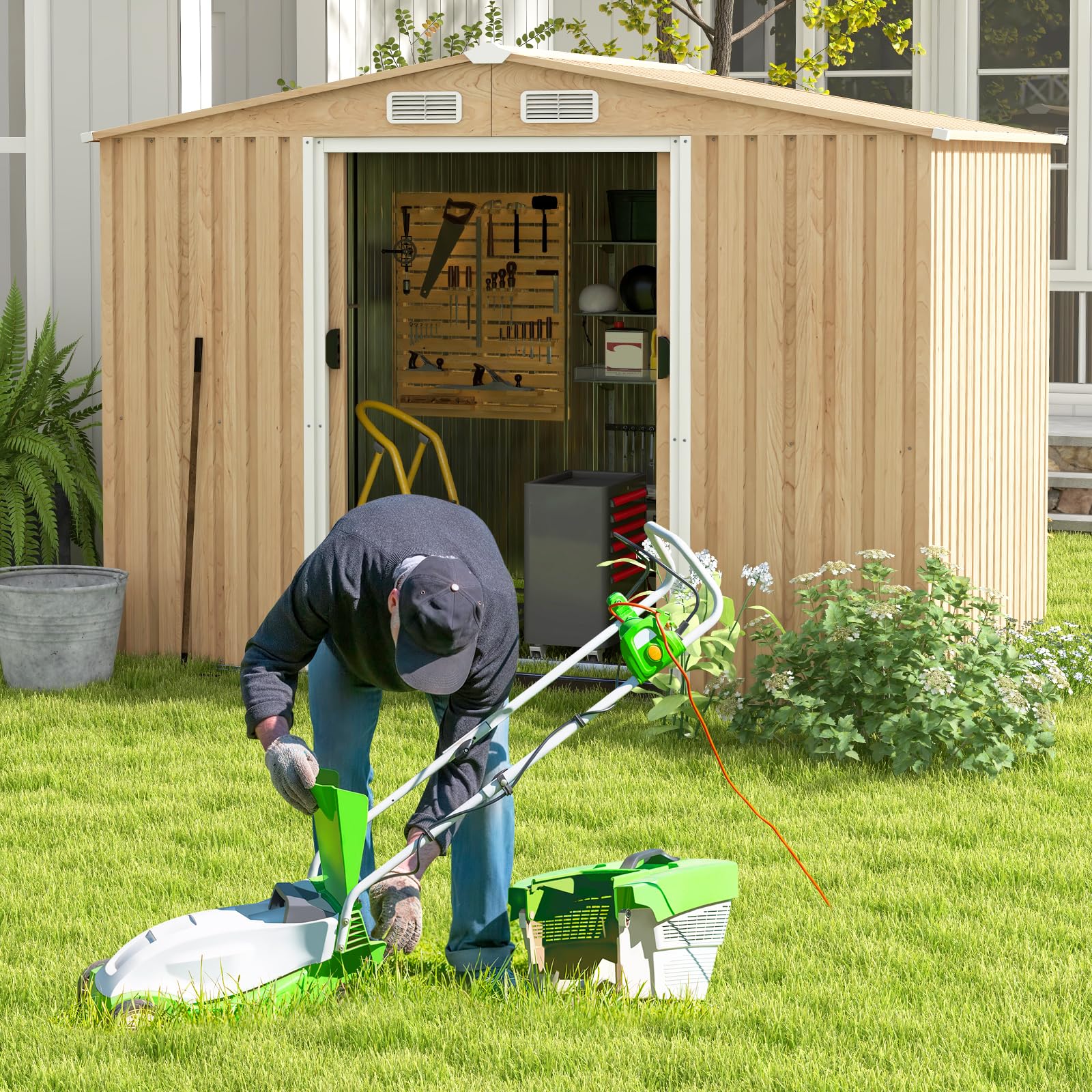 GOPLUS 4,47m² Abri de Jardin Naturel avec Bas, Cabane à Outils en Acier Galvanisé 8,23m³, Résistant aux Intempéries, Porte Verrouillable, Toit en Pente, Bouches d'Aération, pour Jardin (259x196x184cm)