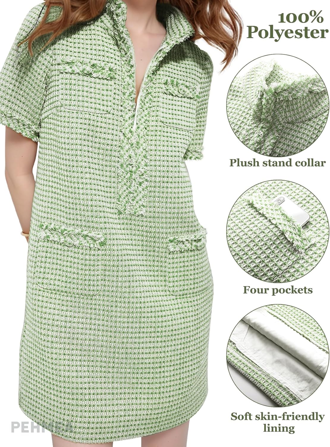 PEHMEA Womens Tweed Dress 2026 Short Sleeve Shift Mini Elegant Formal Work Cocktail Party Dresses