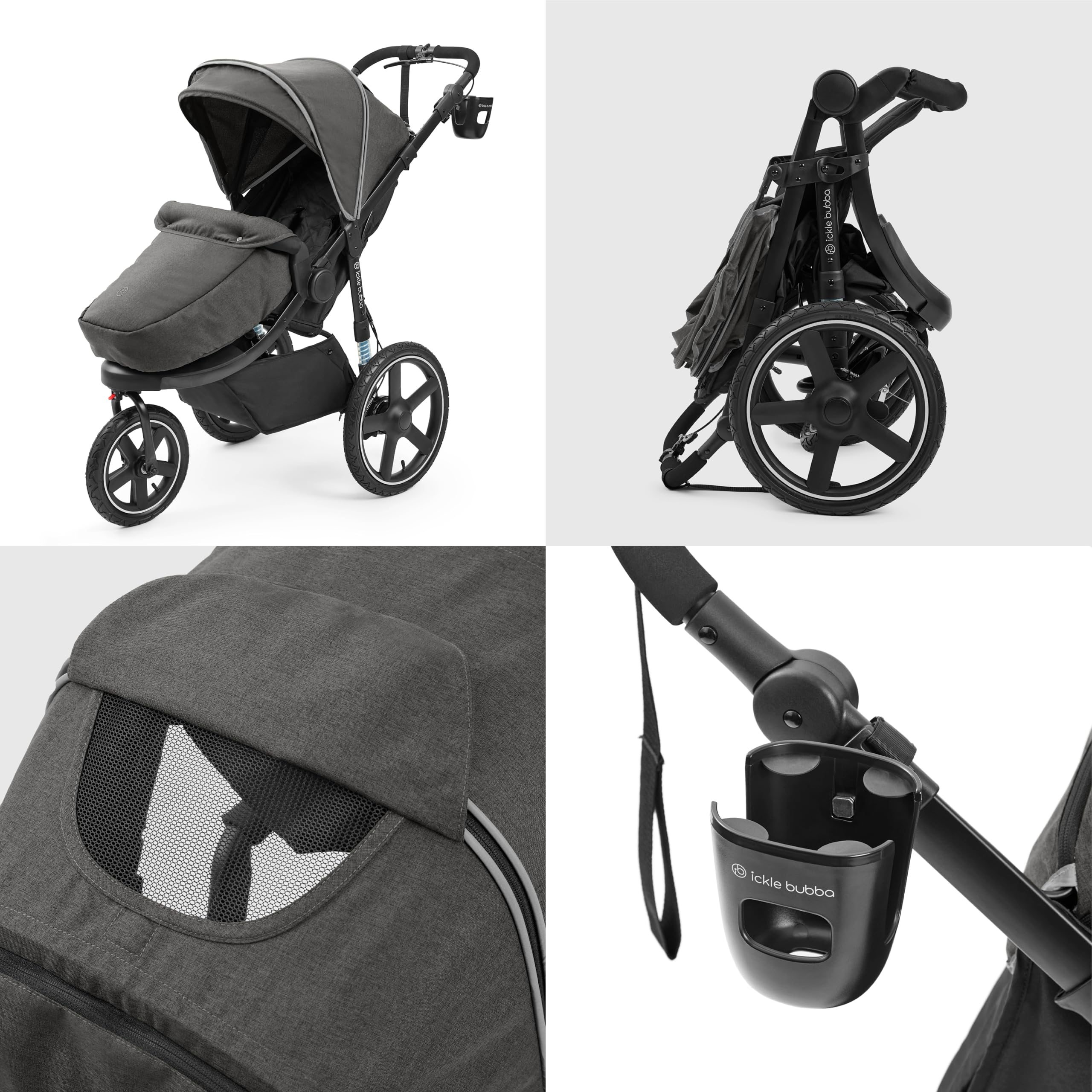 Ickle Bubba Venus Jogger Pro Max Kinderwagen 3-Rad-Geländekinderwagen von Geburt bis 22 kg UPF 50+ Verdeck Luftreifen Anthrazitgrau