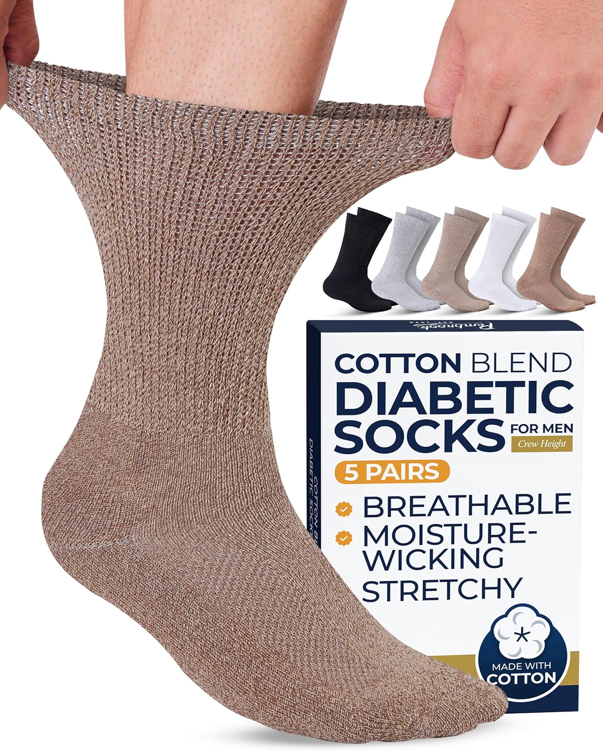 Pembrook Cotton Diabetic Socks for Men - 5 Pairs Crew Mens Diabetic Socks, Non-Binding, Moisture-Wicking, Loose Fit