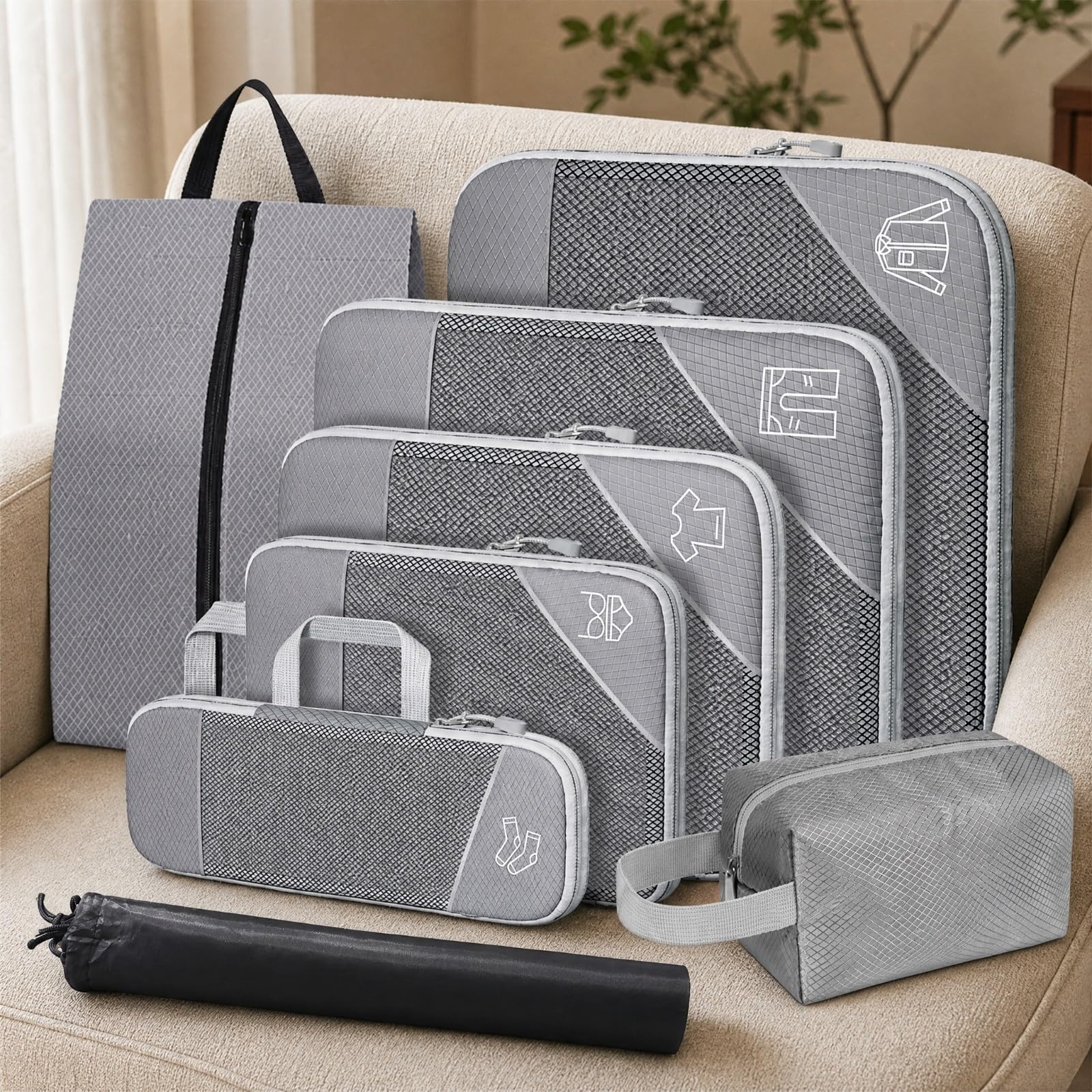 8 è Organiteur Valise En Nylon Pratique Kit Rangement Déplacement Compartimen à Fmure Éclair Compact pr, Bleu Ciel
