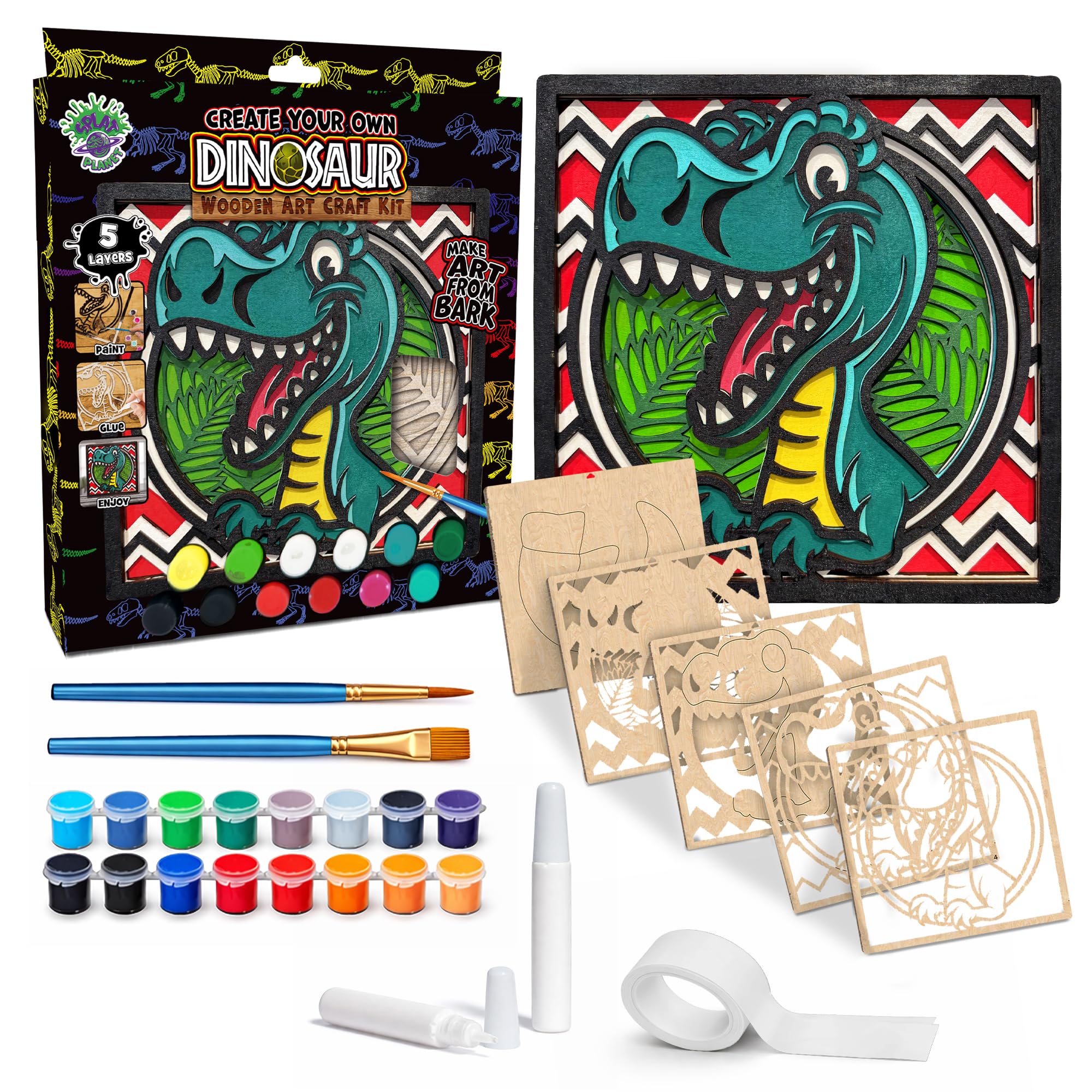 Splat Planet - Dinosaur 3D Wooden Art Kit – Paint Your Own 3D Layered Wood Wall Art for Kids & Adults, DIY 3D Art Dinosaur Wood Painting Kit Wooden Art and Craft Gift Set, 25 x 25cm