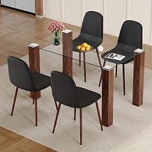 49.6" Glass Dining Table Set for 4, 5 Piece Dining Table Set with Tempered Glass Top and Wood Legs, Kitchen Table Set for 4 with Brown Chairs, Perfect for Small Spaces Living Room Apartments