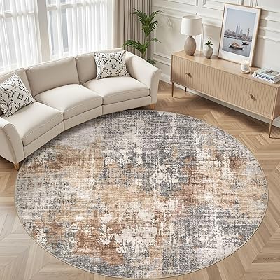 10ft Round Area Rug Living Room Rugs - 10x10 Washable Circle Rug Large Soft Indoor Neutral Modern Abstract Low Pile Carpet for Bedroom Dining Room Farmhouse Home Office - Grey Brown