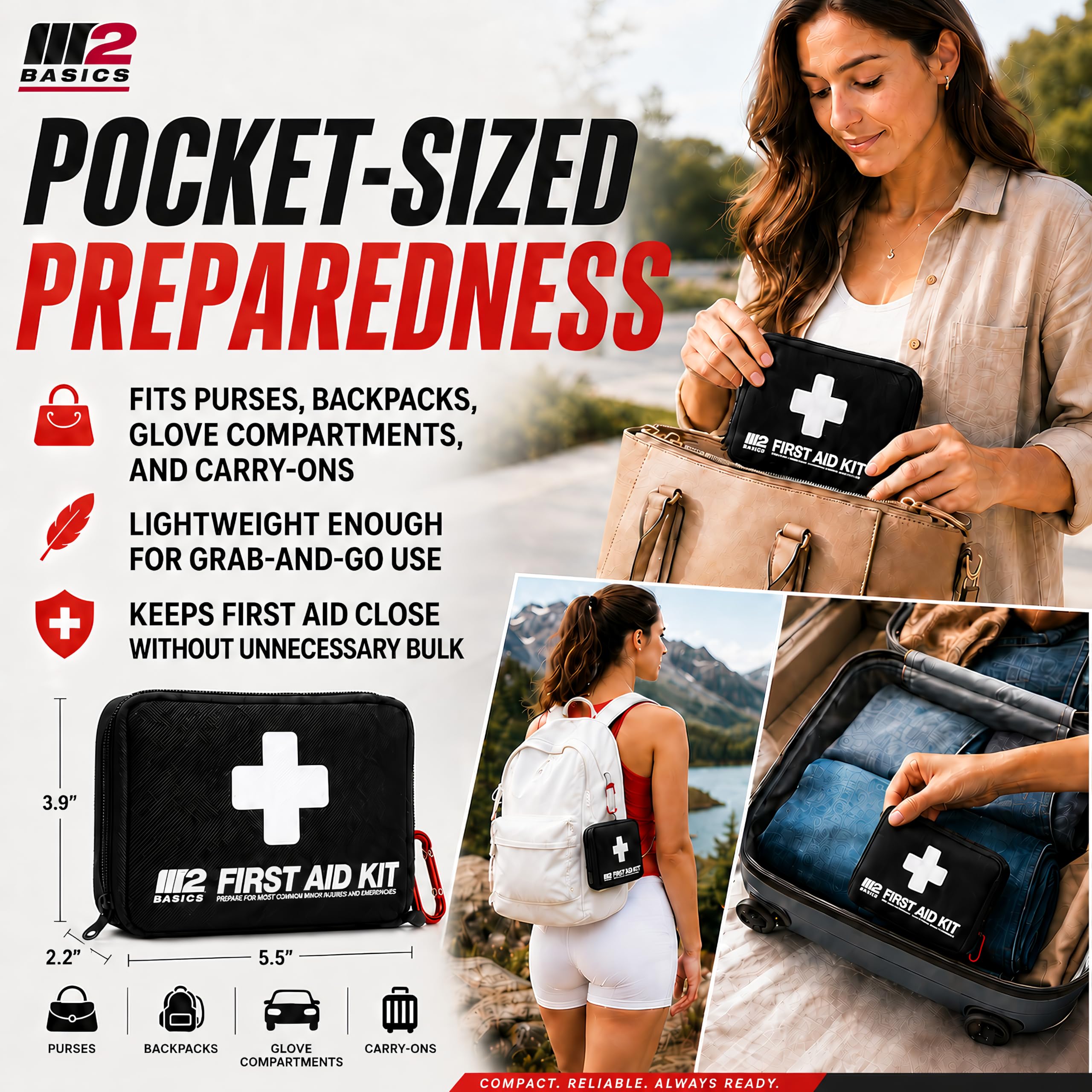 M2 BASICS 150 Piece Premium First Aid Kit, Compact Bag for Purse & Travel — Amazon image 2