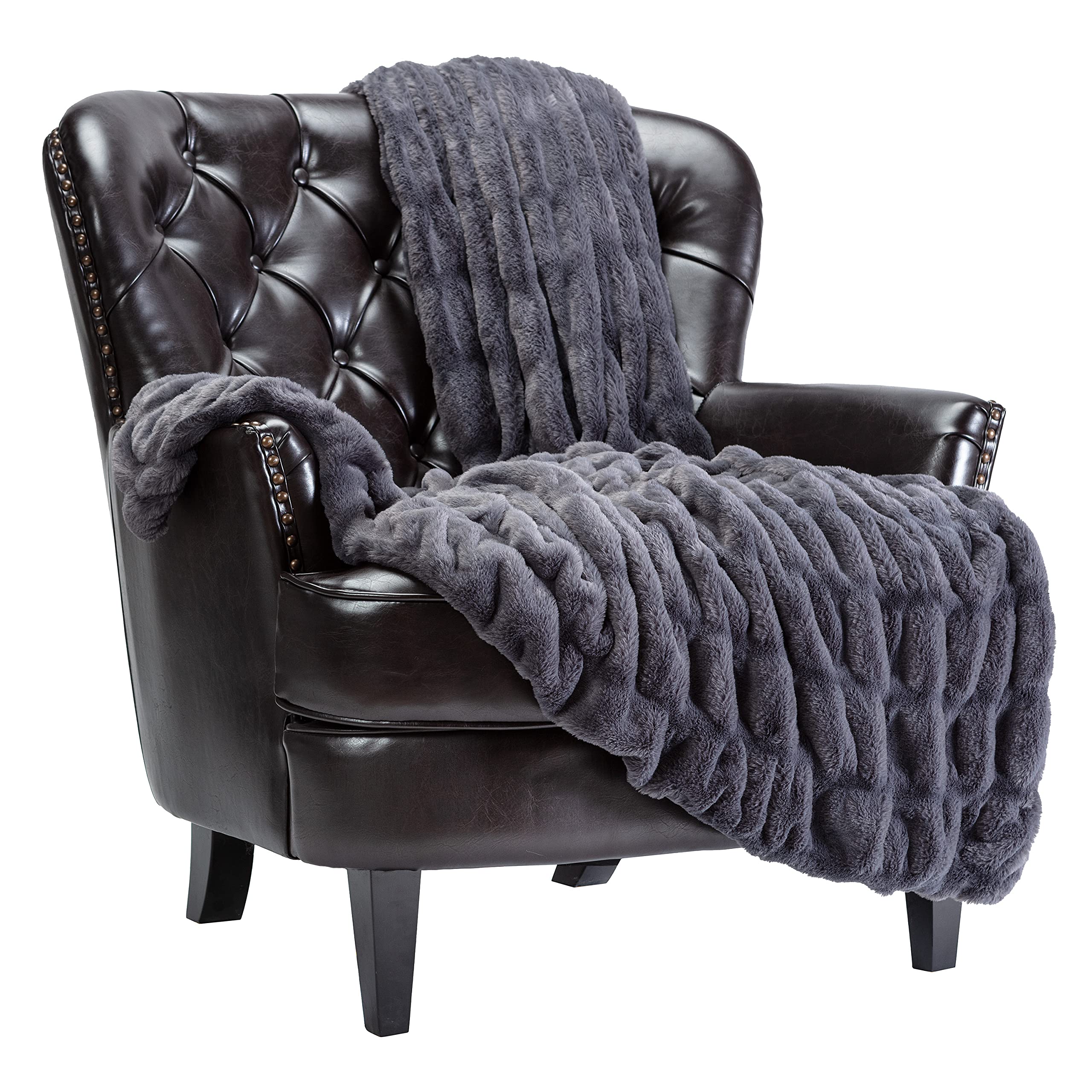Chanasya Premium Ruched Faux Fur Throw Blanket - Luxurious, Soft Reversible Mink Blanket - 50" x 65” - Gray
