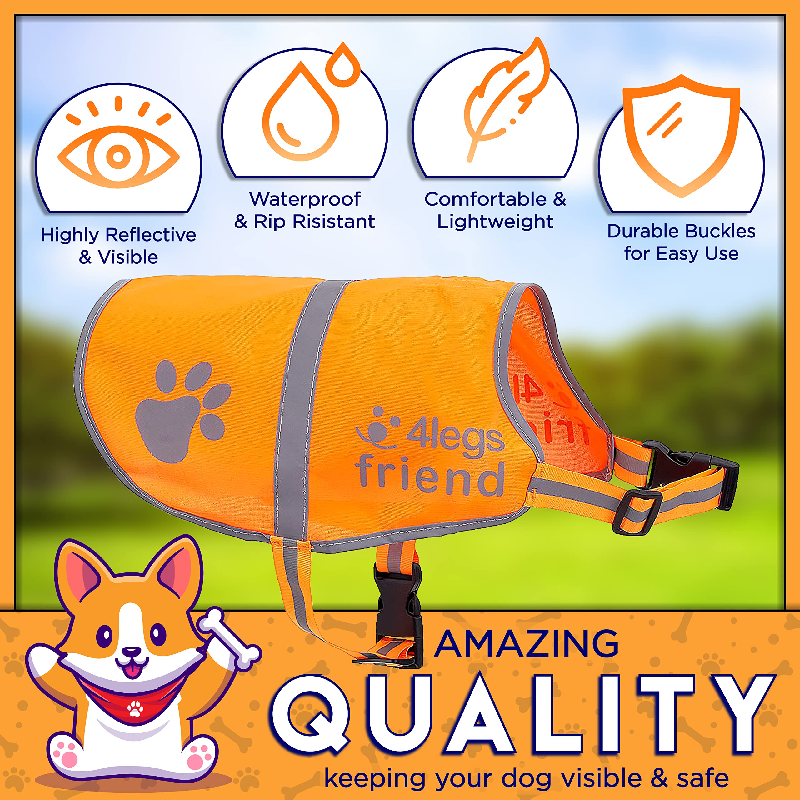 Gilet de sécurité réfléchissant léger avec Trou pour Laisse - 5 Tailles - Sangles réglables à Boucle, Haute visibilité - Protège Votre Chien des Voitures et des Accidents de Chasse (X-Large, Orange)