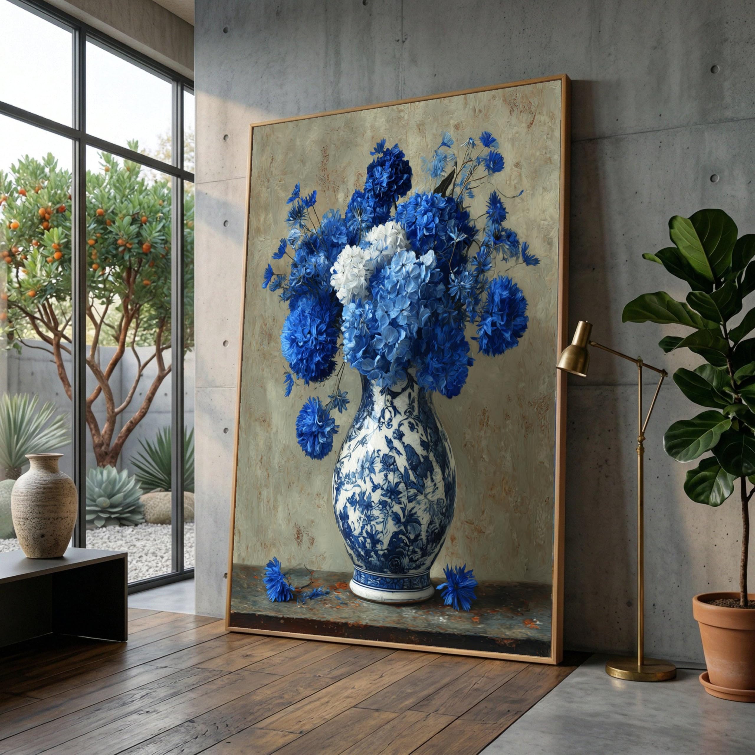 CAOXTART Blue and White Floral Vase Oil Painting, Hydrangea Bouquet Wall Art, Elegant Flower Canvas Artwork, Classic Home Decor(70x100cm/Frameless)