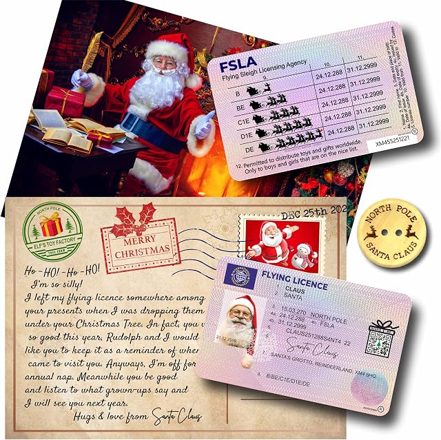 Plastic Santa's Claus Flying Licence + Special Postcard from Santa + Santa's Lost Button - Christmas Eve Lost Sleigh Driving Licence, Father Christmas Novelty ID, Christmas Eve Box Fillers