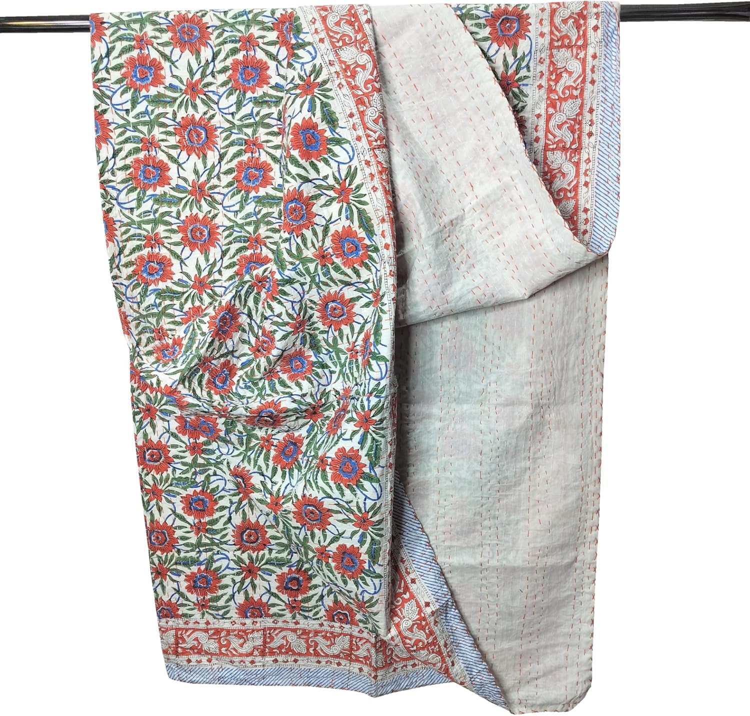 kanthaNtapestryart Indian Hand Block Print Kantha Quilt Cotton Kantha Throw Blanket Indian Bedspread Kantha Bed Cover Queen Size Quilt Throw Sofa Coverlet (King/Queen Size 90x108 Inch) - Image 4