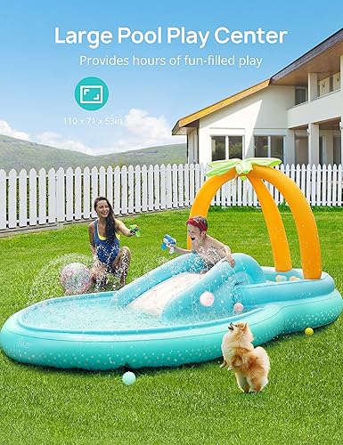 Vista 23 de EVAJOY - Centro de juegos inflable, piscina infantil con tobogán para niños, aspersor, tema de hielo y nieve con muñecas inflables, fácil