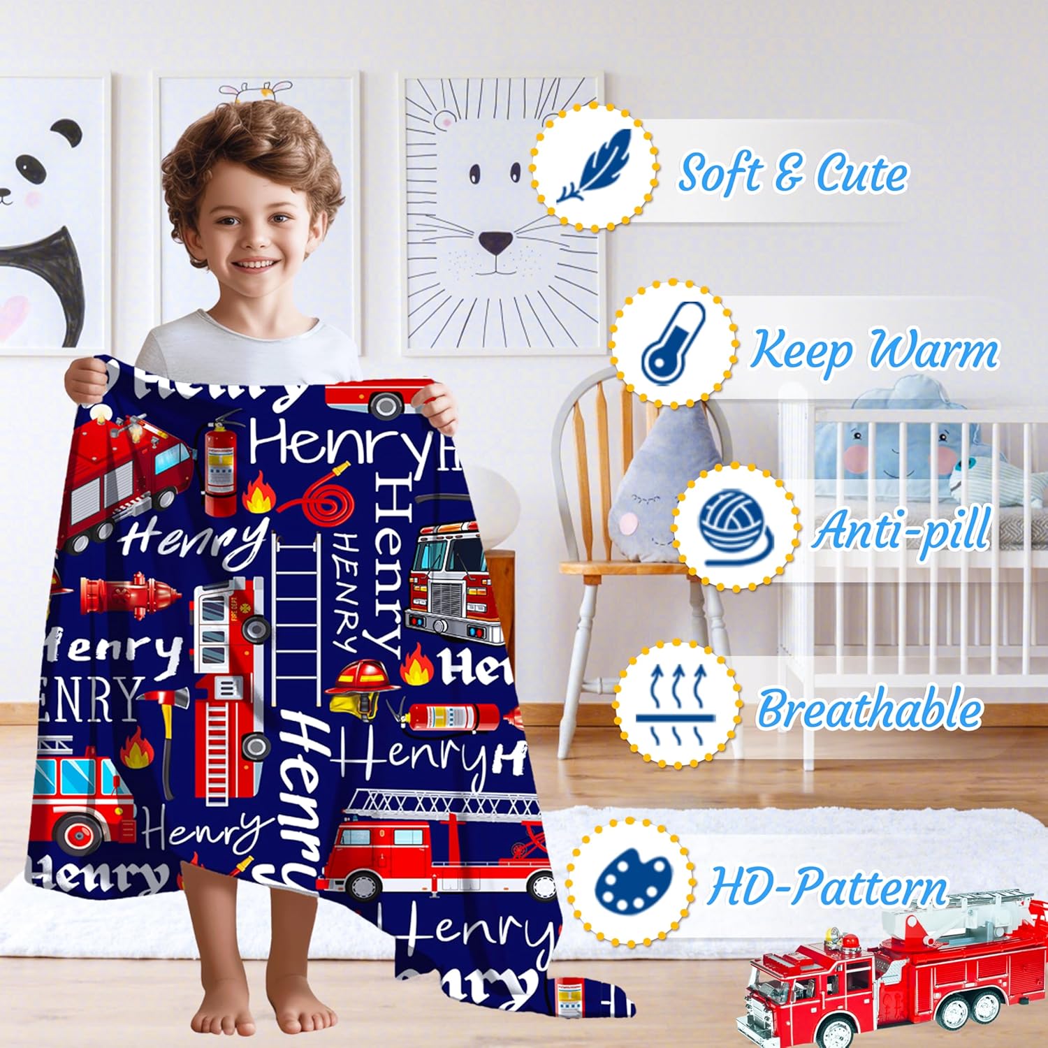 Personalized Fire Engines Truck Custom Fleece Flannel Gift Blanket with Name Lightweight Soft Throw Blanket Cute Cozy Blanket for Bed Couch Travel Outdoor 40''x 50'' for Kids/Child