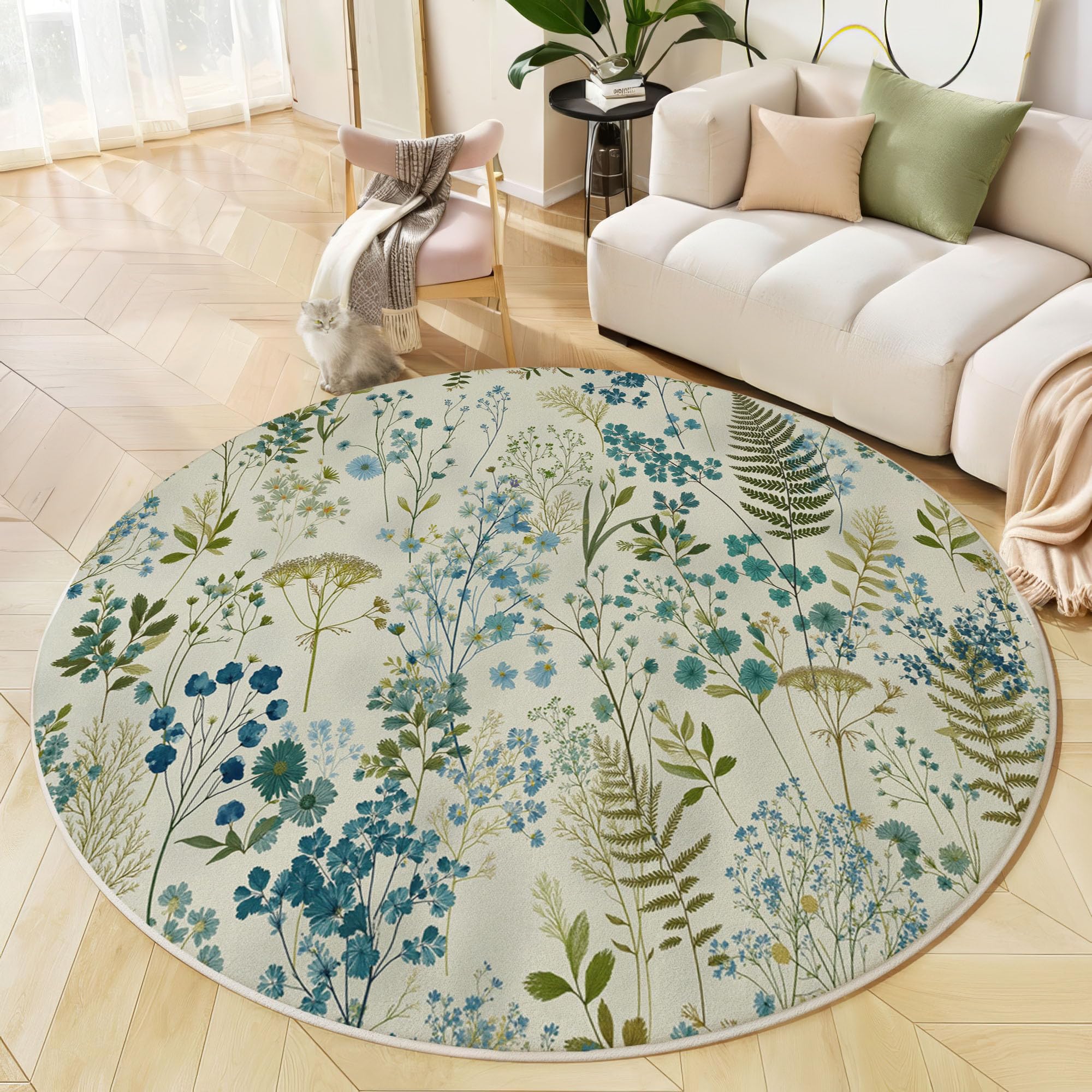 Tapis rond doux fleurs sauvages de 100 cm lavable en machine pour chambre