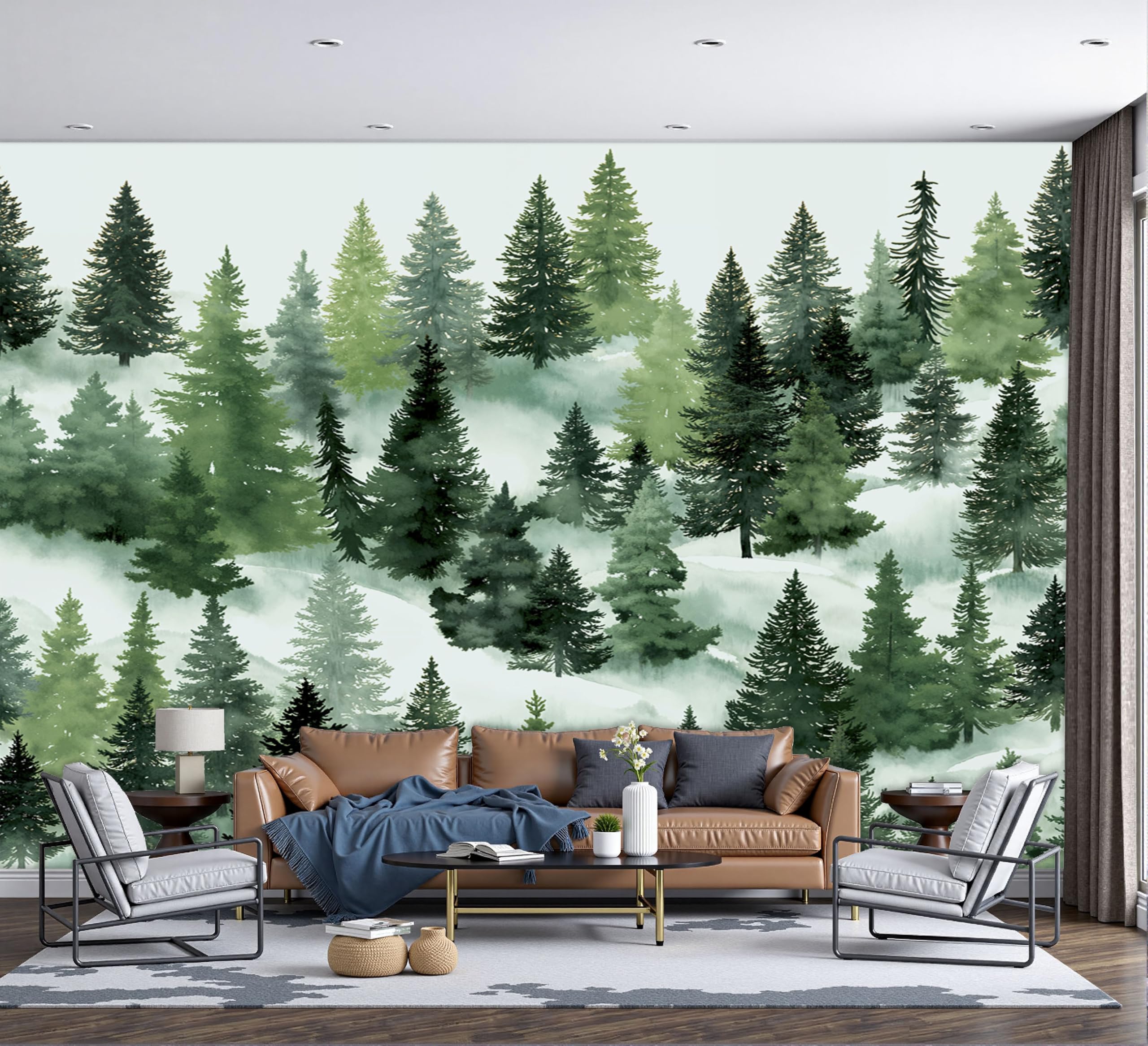 Papier peint intissé paysage aquarelle vert 450x315 cm pour un grand décor mural panoramique